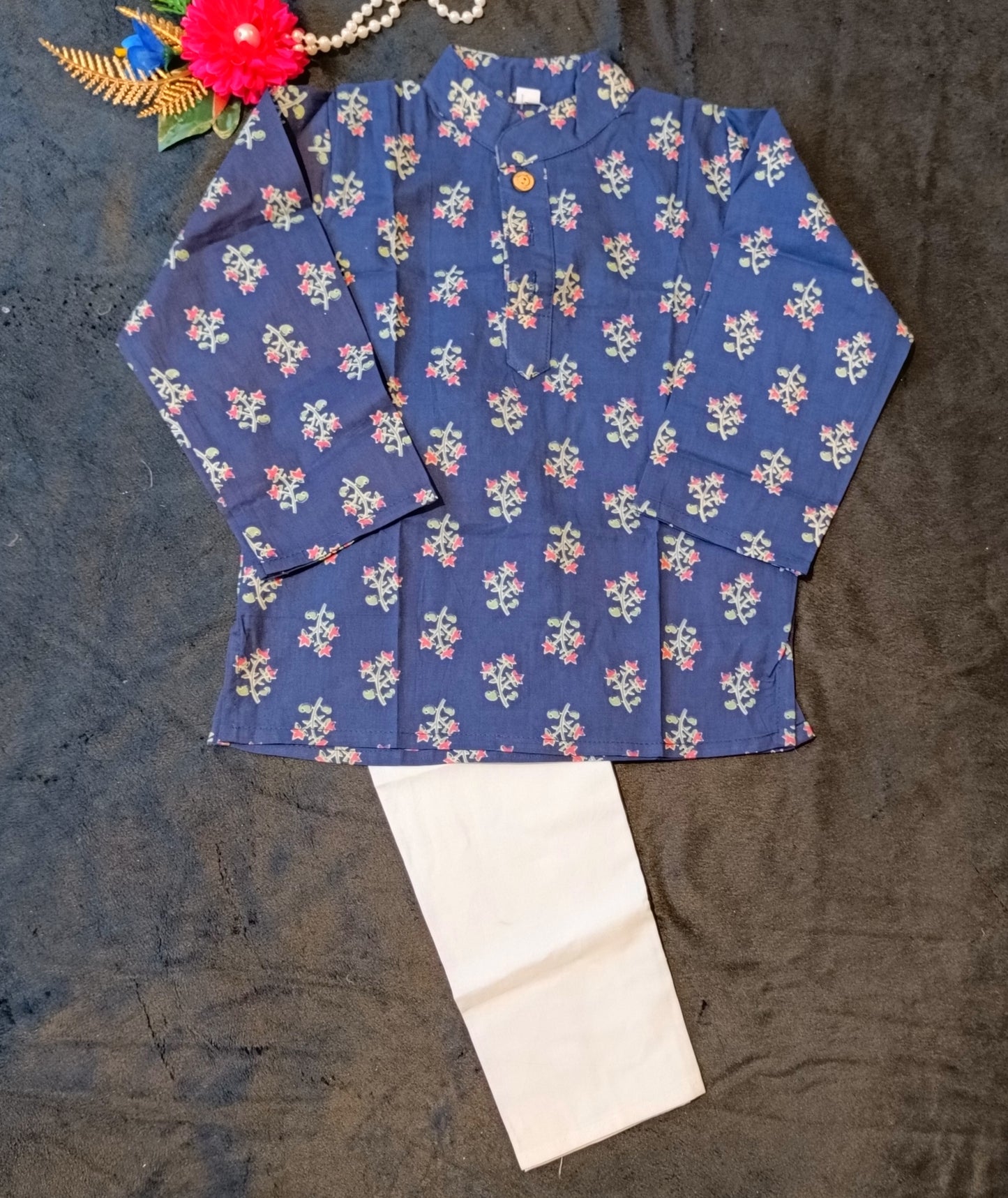 Navy Blue Block Printed Kurta -Pyjama