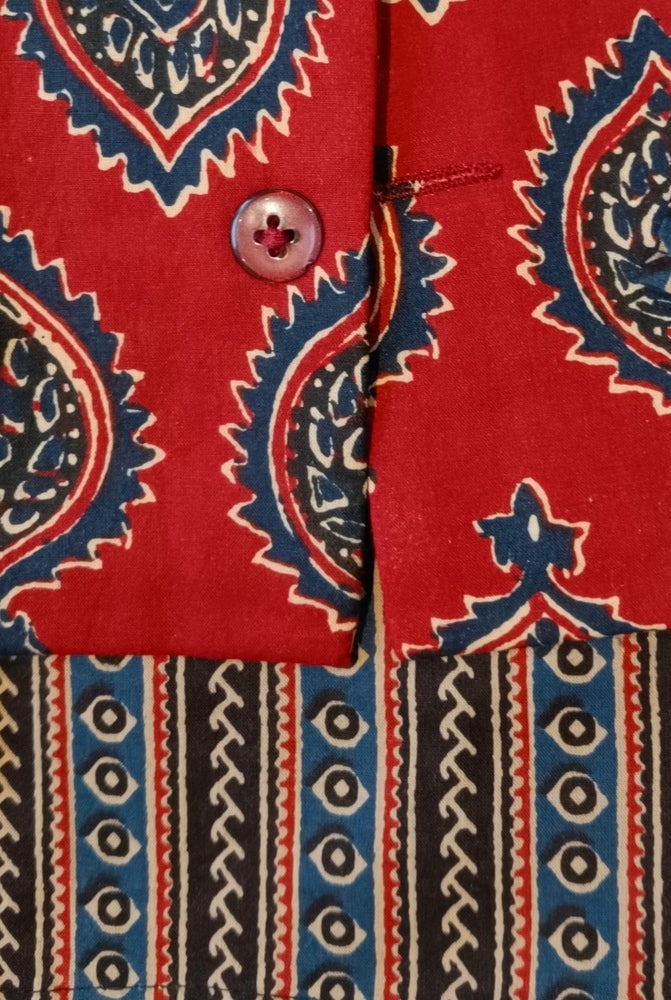 Mehroon/Blue block print Jacket with Kurta -Pyjama