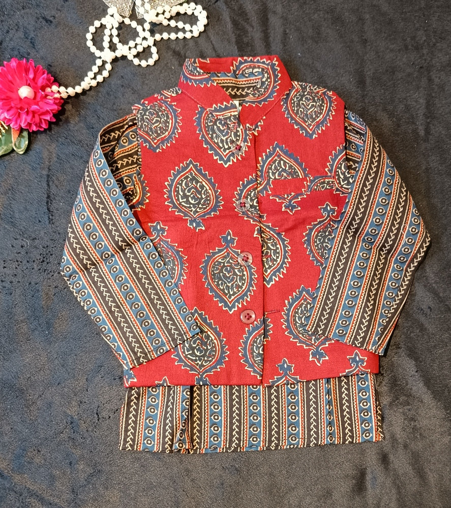 Mehroon/Blue block print Jacket with Kurta -Pyjama