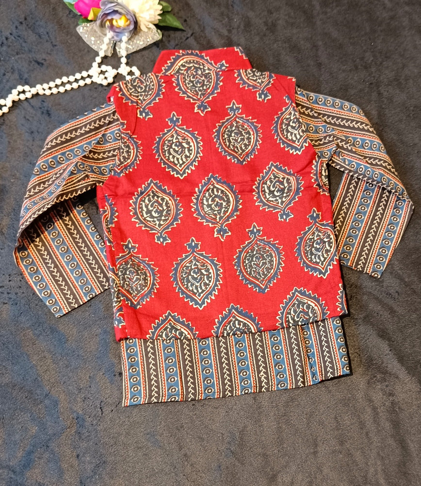 Mehroon/Blue block print Jacket with Kurta -Pyjama