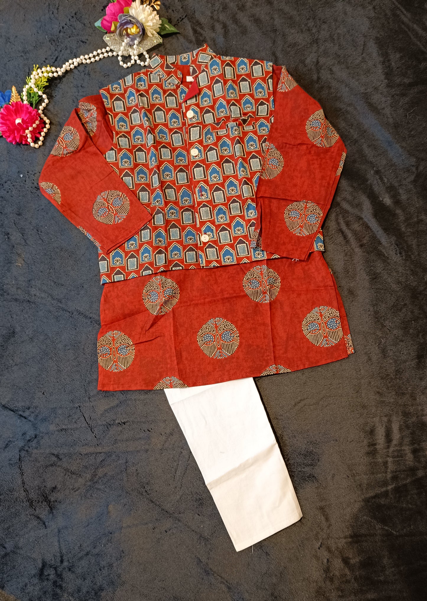 Mehroon Ajrakh Jacket with Kurta-Pyjama