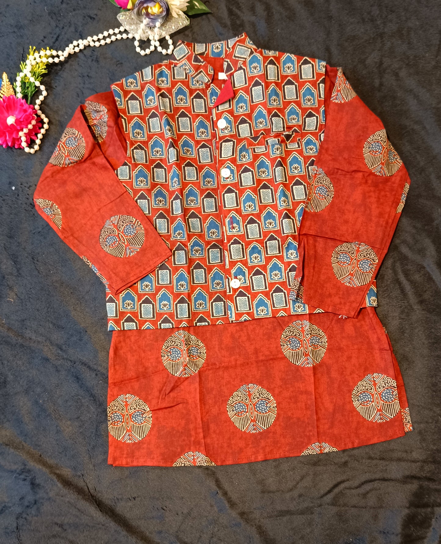 Mehroon Ajrakh Jacket with Kurta-Pyjama