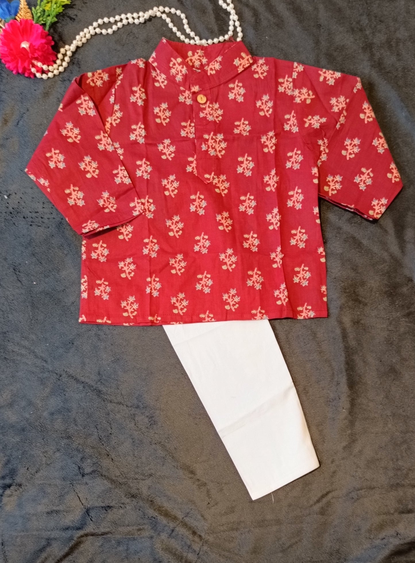 Mehroon Colour Block Print Kurta Pyjama