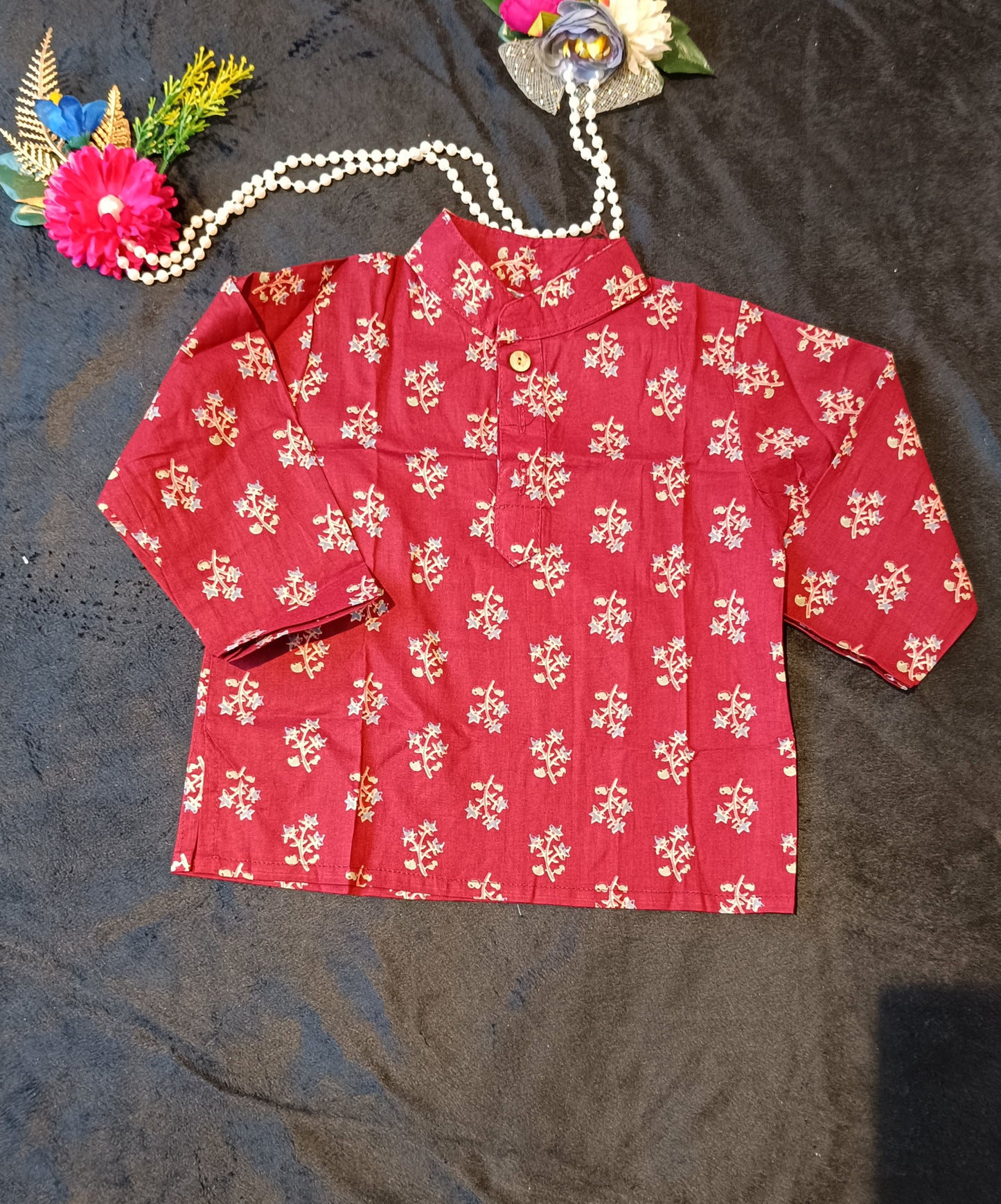 Mehroon Colour Block Print Kurta Pyjama