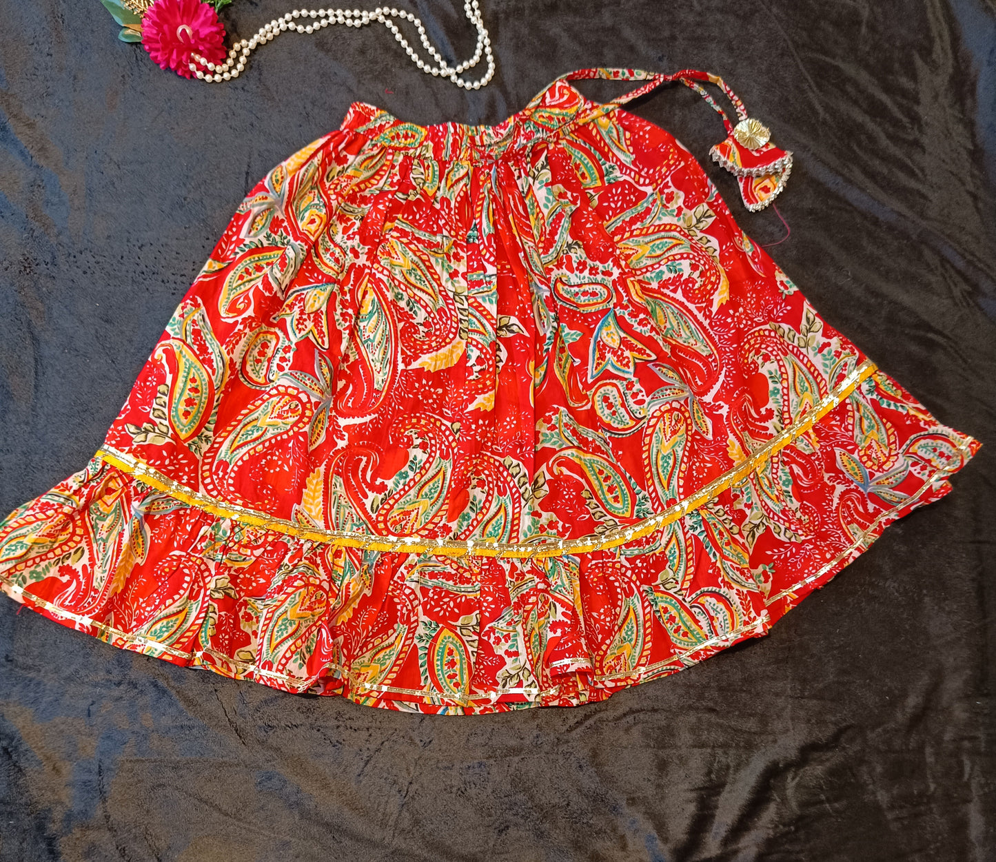 Sleeveless Floral Print Red Colour Lehenga Choli