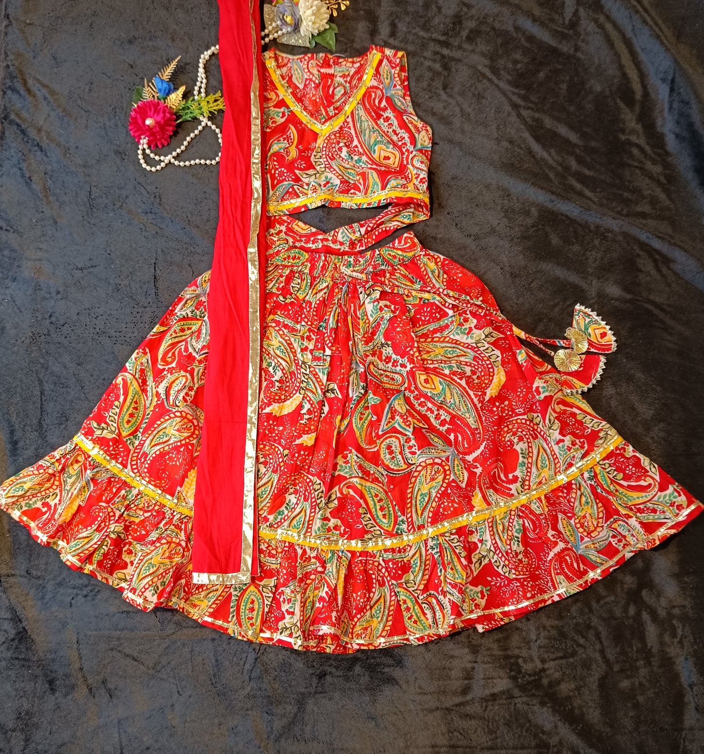 Sleeveless Floral Print Red Colour Lehenga Choli