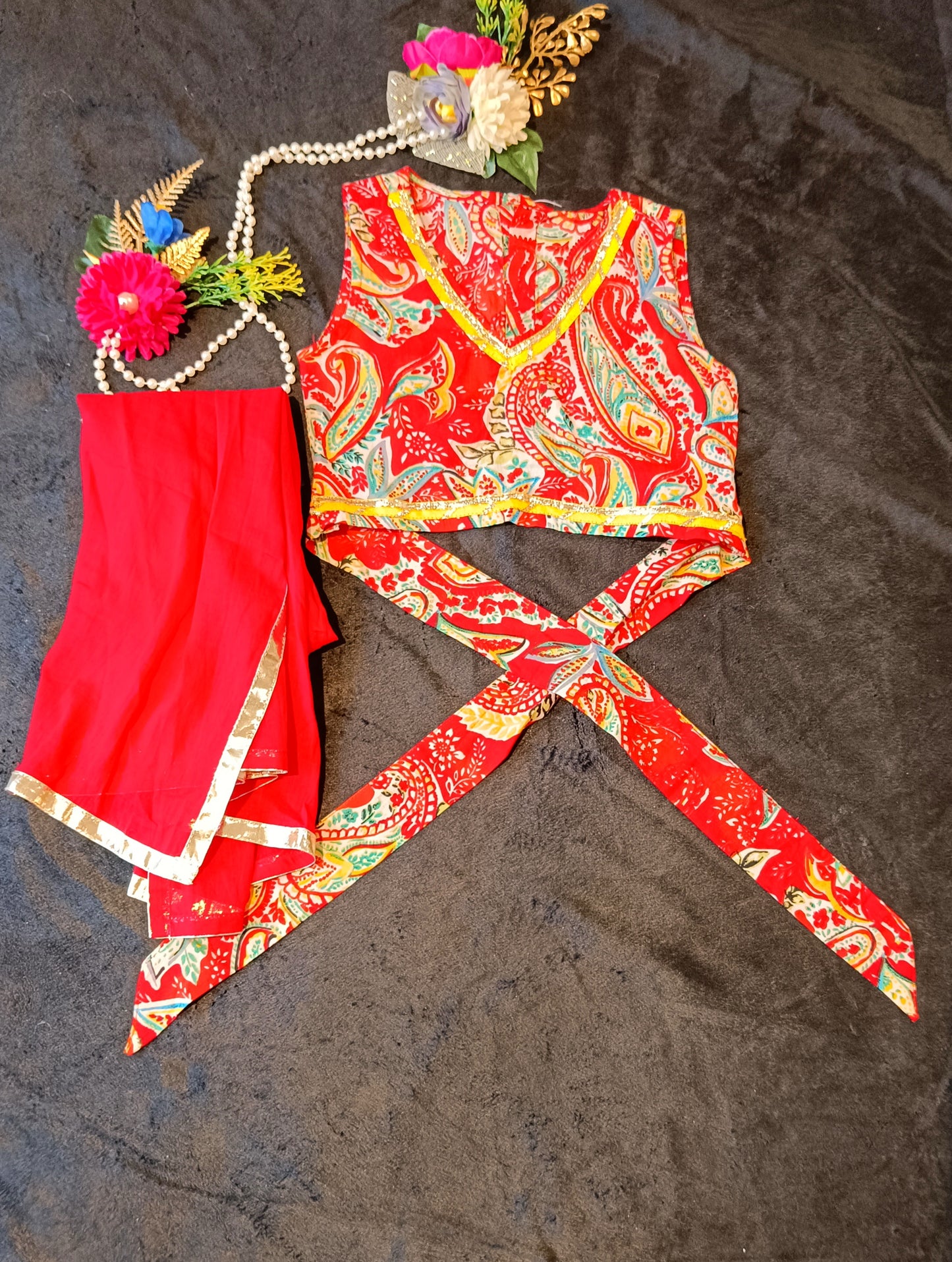 Sleeveless Floral Print Red Colour Lehenga Choli
