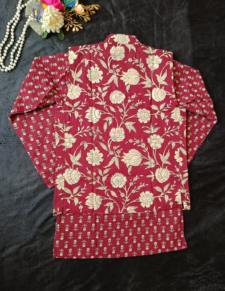 Mehroon Genda fool Jacket with Kurta -Pyjama