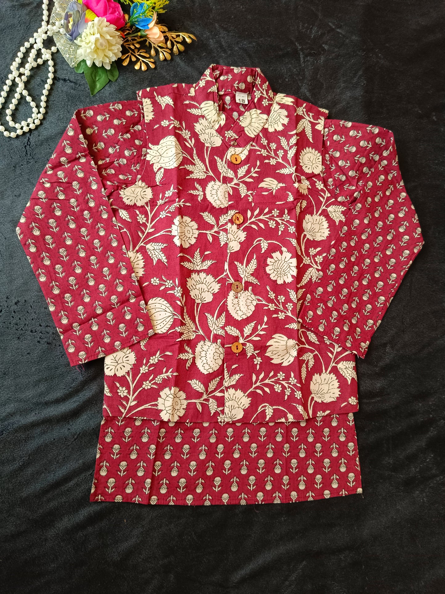 Mehroon Genda fool Jacket with Kurta -Pyjama