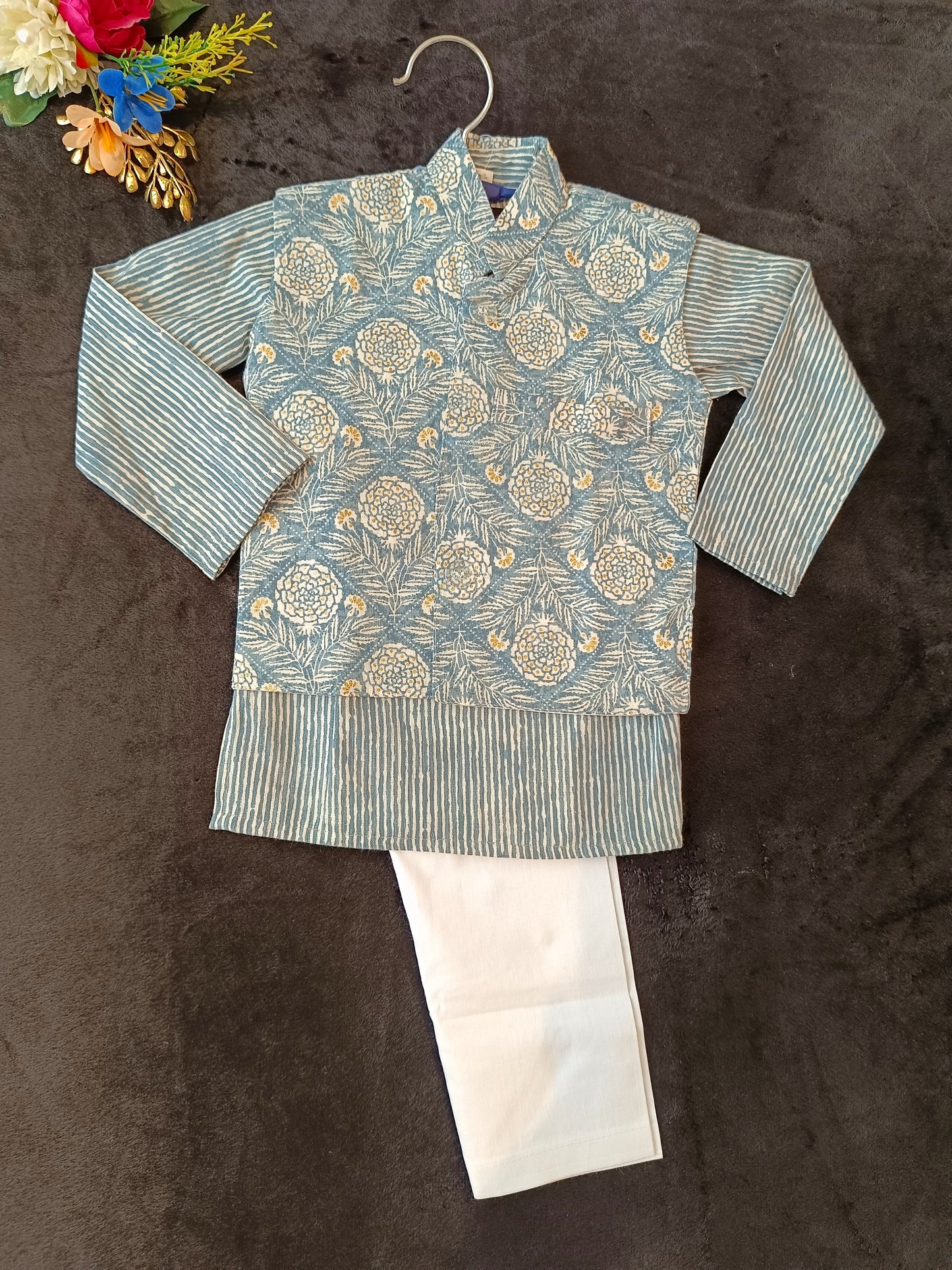 Pastel Genda phool Jacket with Kurta -Pyjama