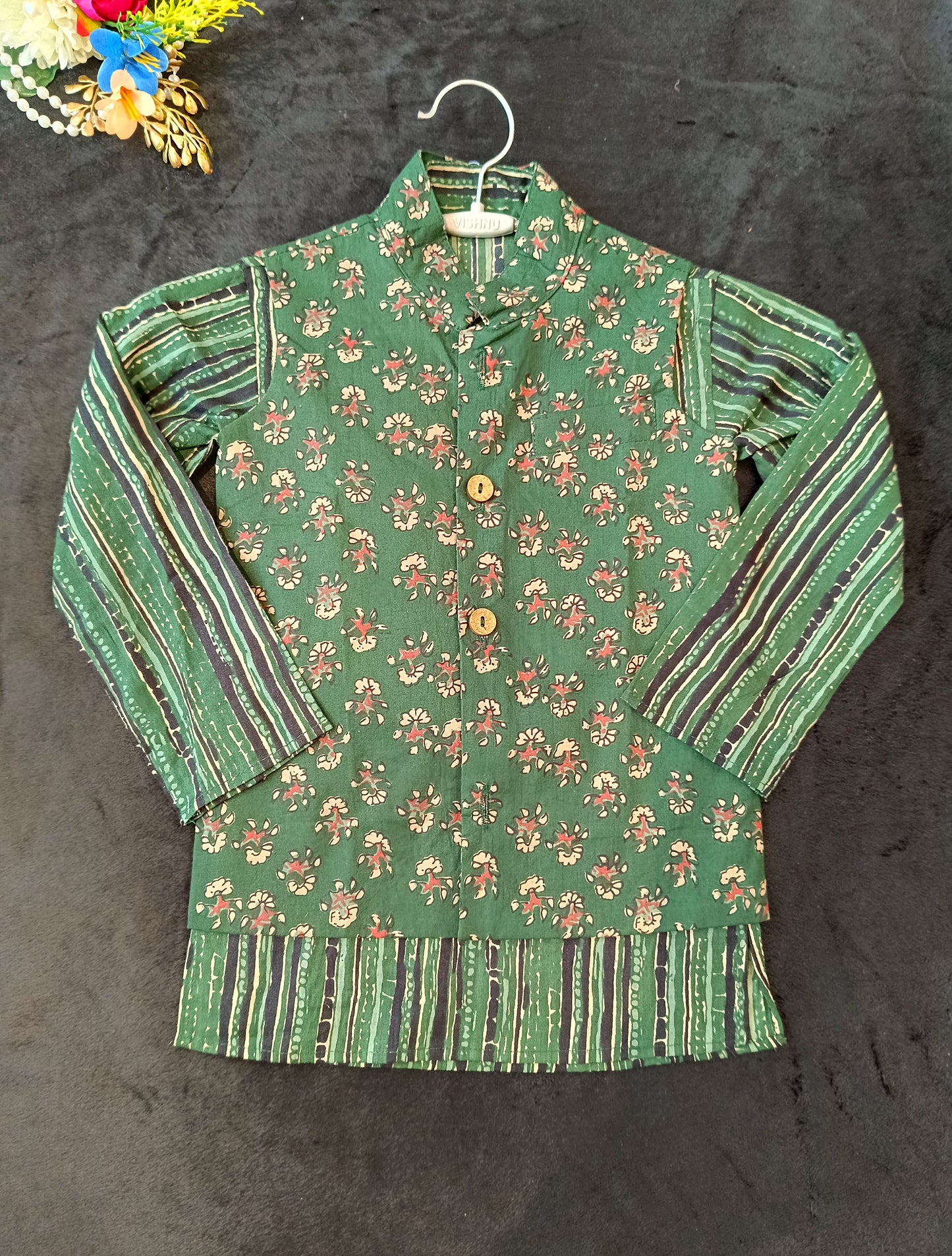 Dark Henna Green print Jacket with Kurta -Pyjama