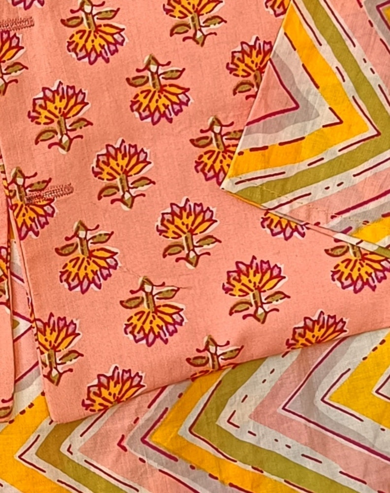 Peach/ pink block print Jacket with Kurta -Pyjama