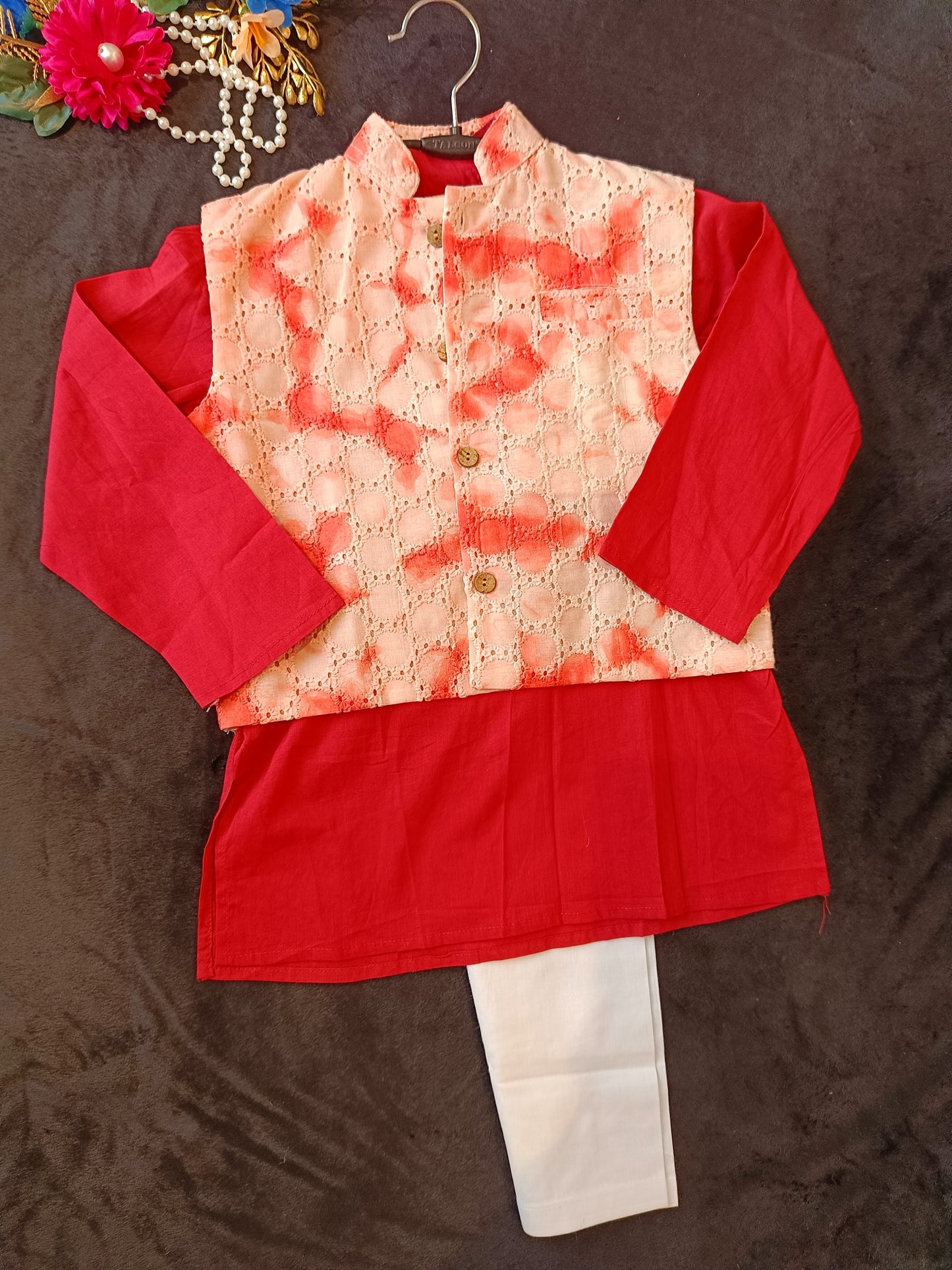 Schiffli Peach-Rust Jacket with Kurta -Pyjama