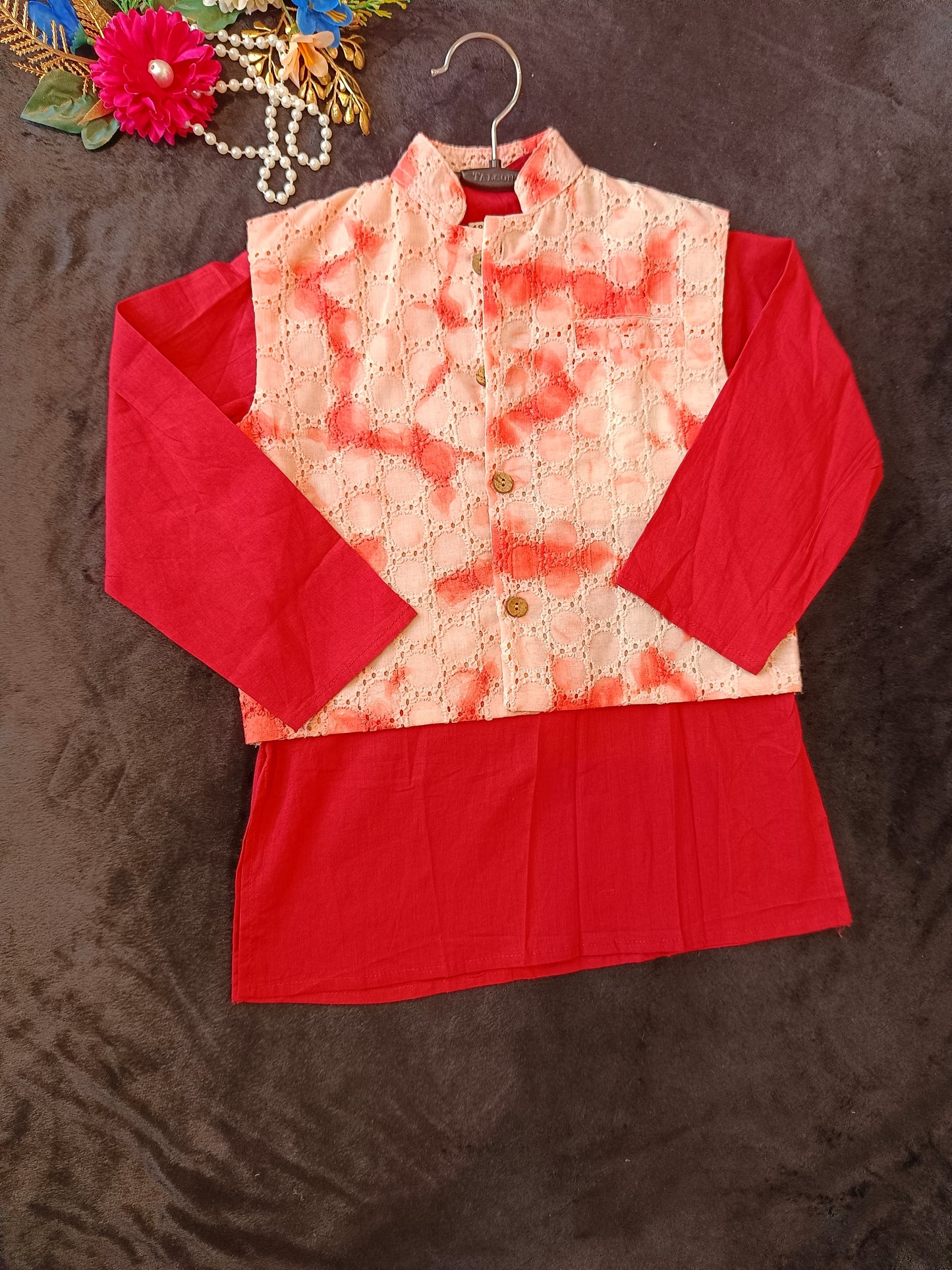 Schiffli Peach-Rust Jacket with Kurta -Pyjama