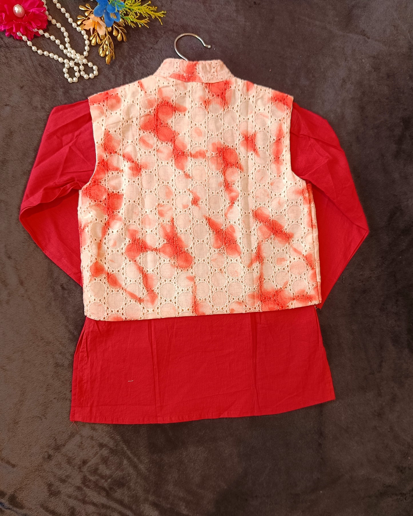 Schiffli Peach-Rust Jacket with Kurta -Pyjama