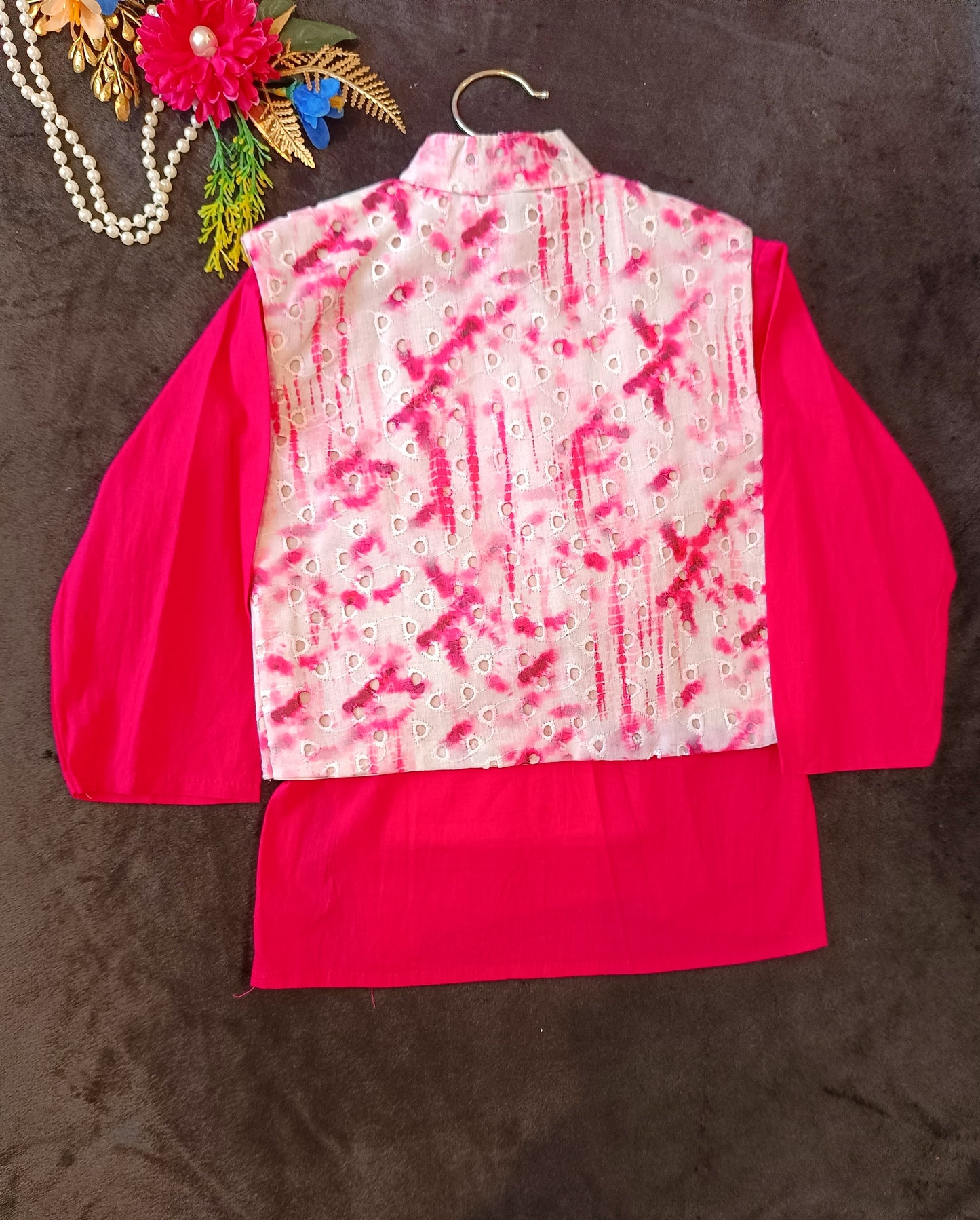 Schiffli Magenta Pink Jacket with Kurta -Pyjama
