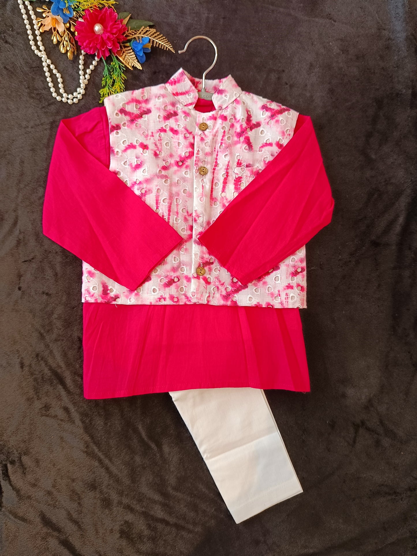 Schiffli Magenta Pink Jacket with Kurta -Pyjama