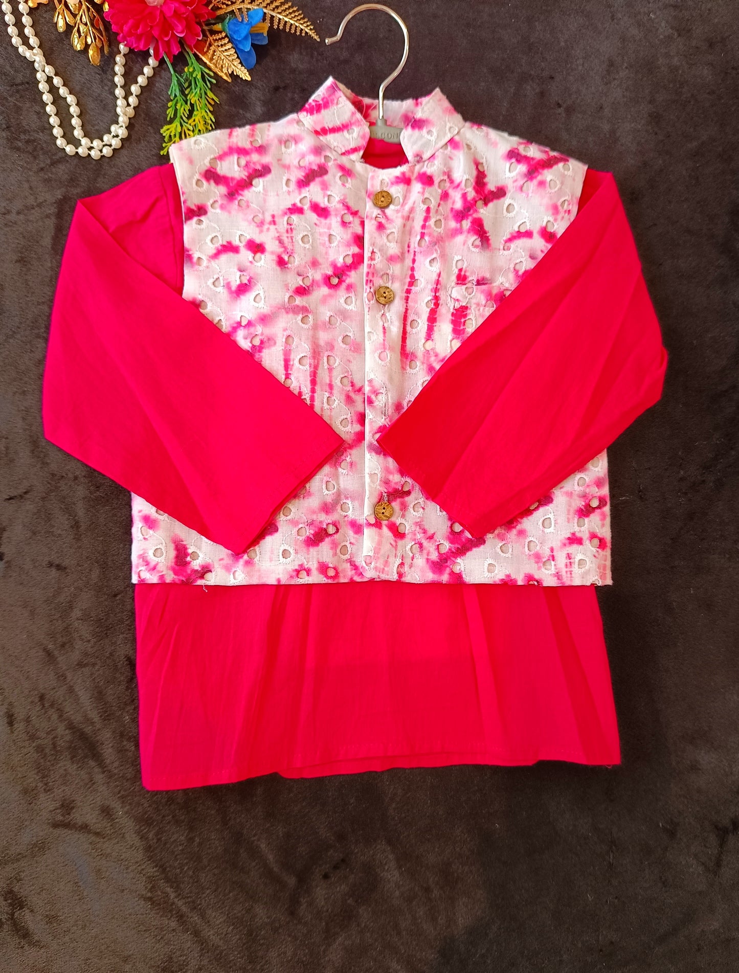 Schiffli Magenta Pink Jacket with Kurta -Pyjama