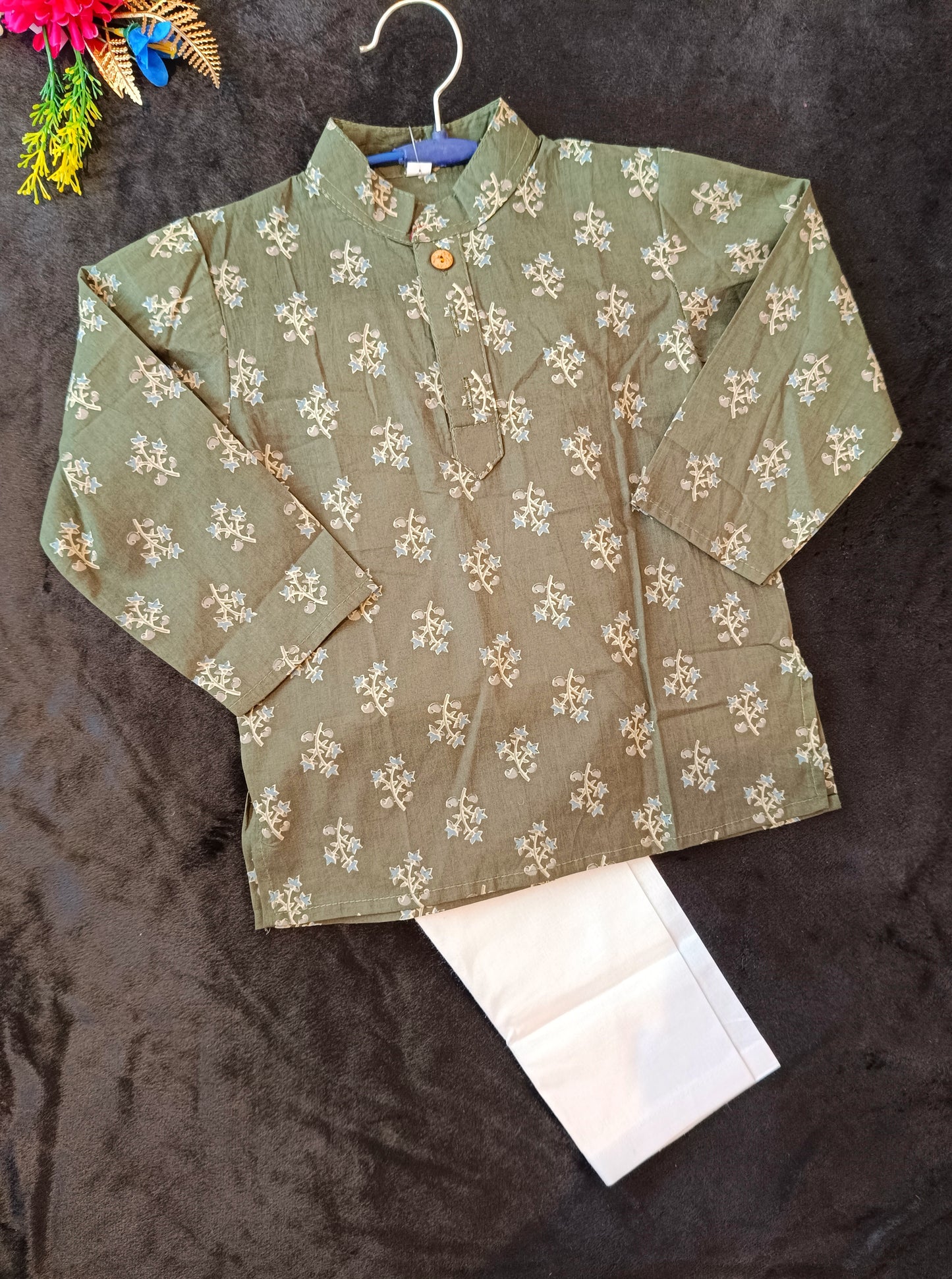 Olive green block printed Kurta -Pyjama