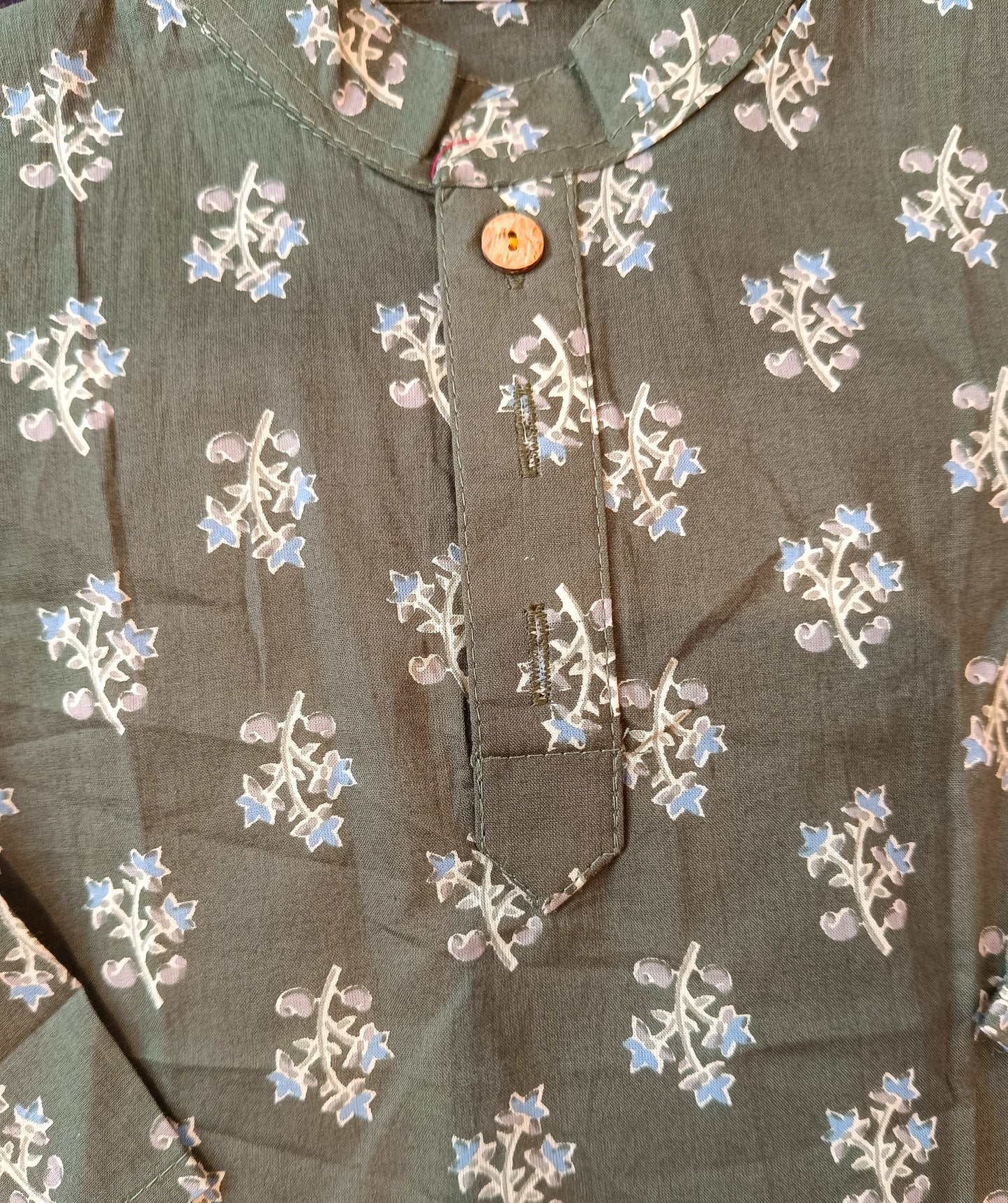 Olive green block printed Kurta -Pyjama