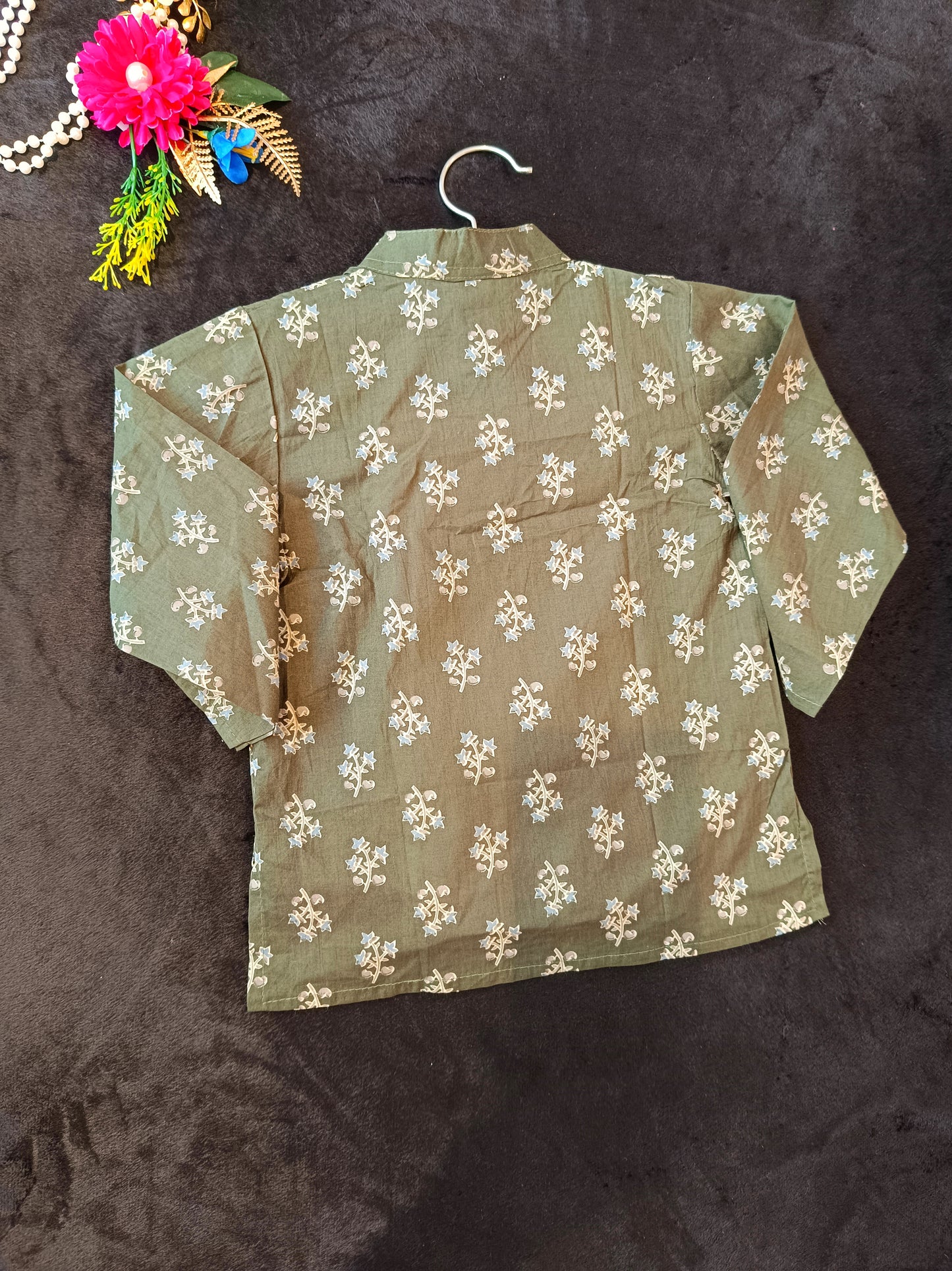 Olive green block printed Kurta -Pyjama