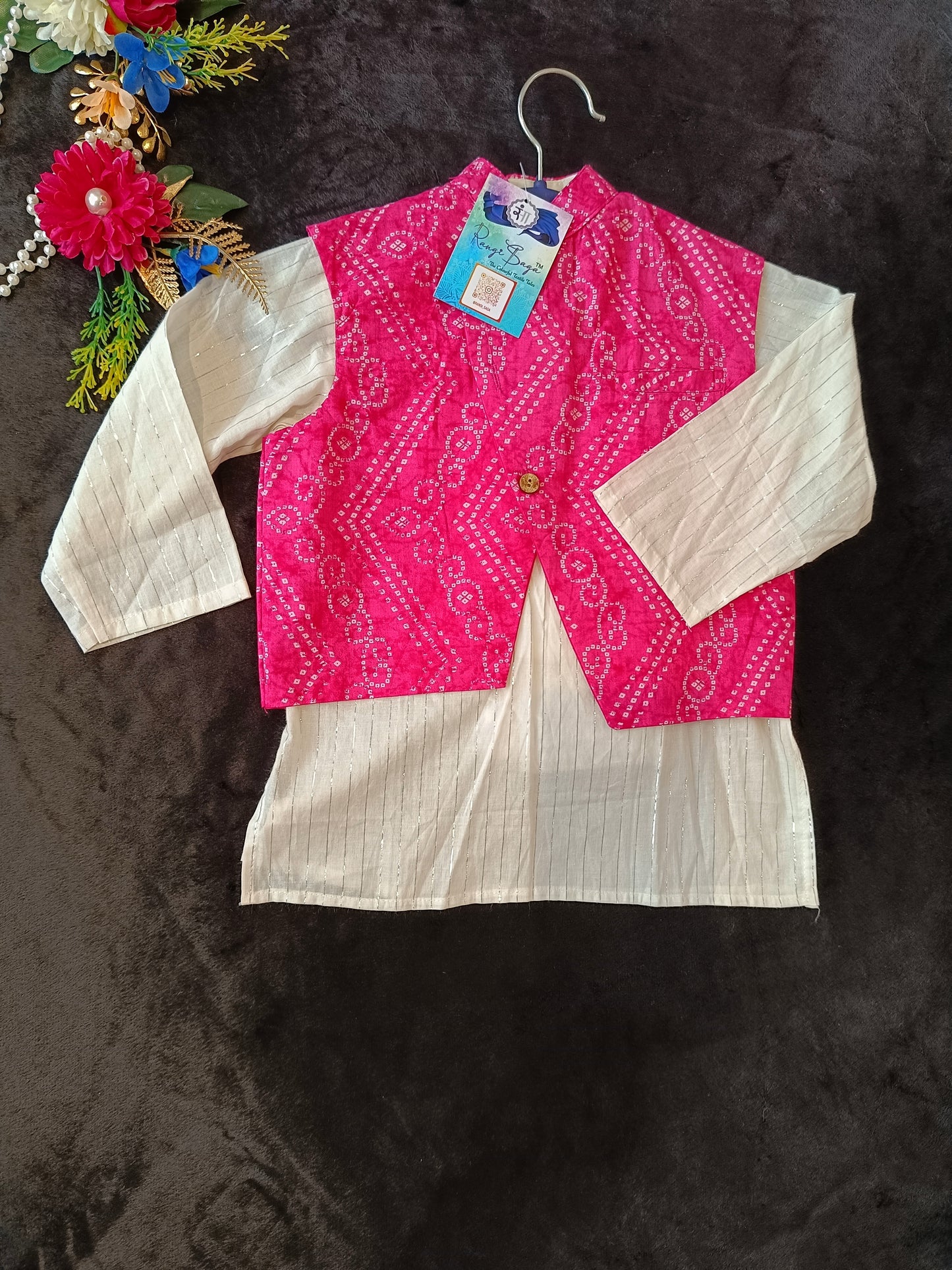 Baby Pink Bandhej Jacket with Kurta -Pyjama (Tie and Dye)