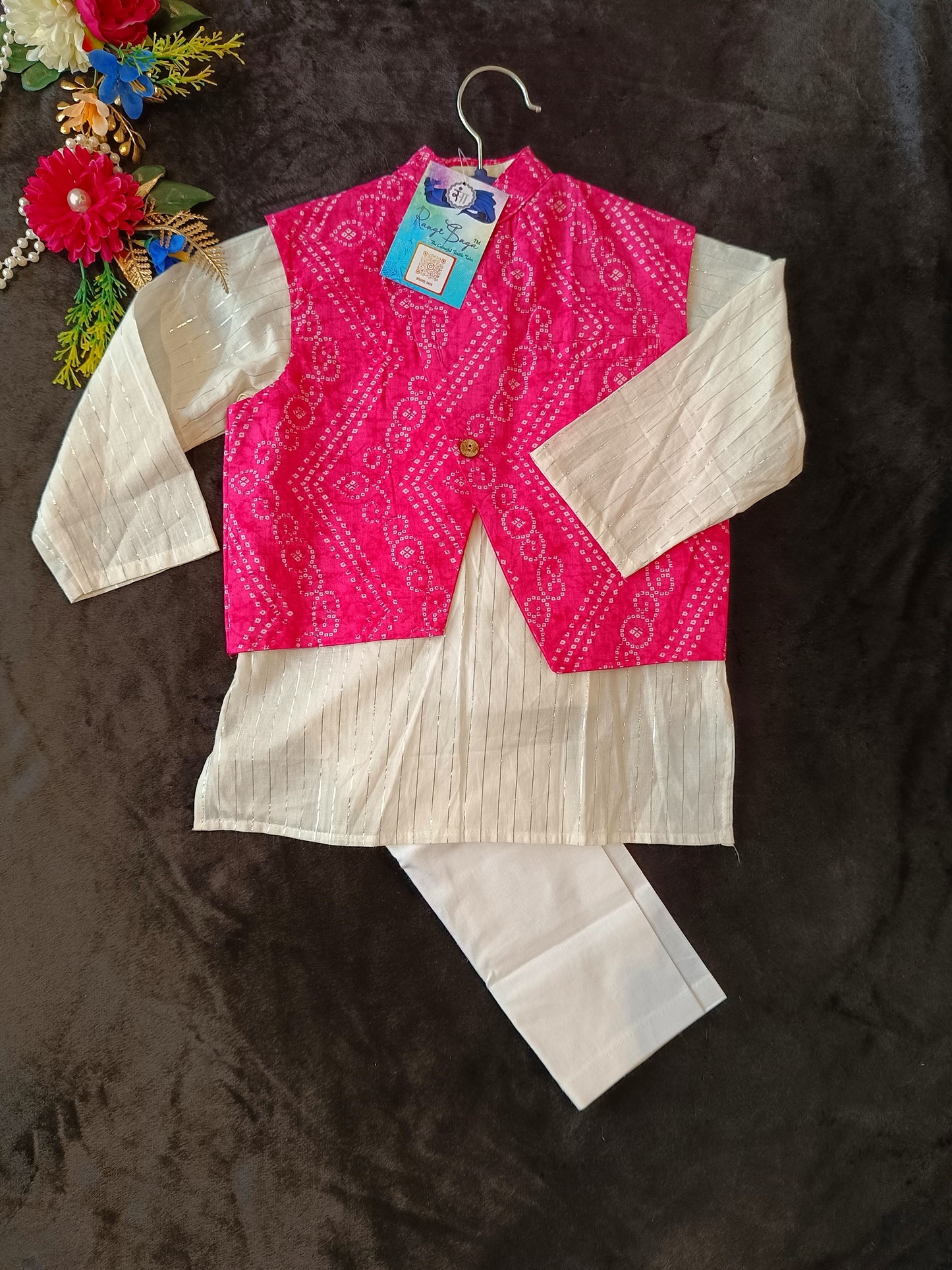 Baby Pink Bandhej Jacket with Kurta -Pyjama (Tie and Dye)