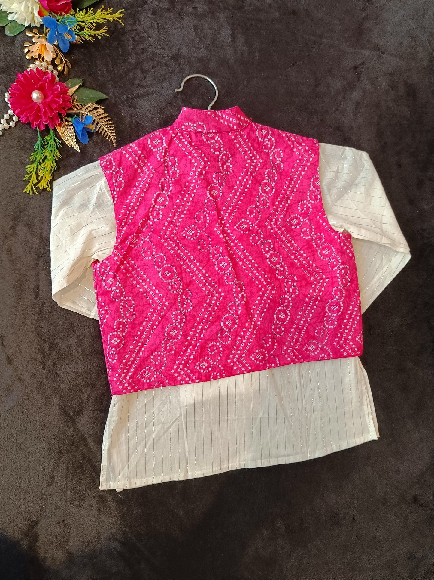 Baby Pink Bandhej Jacket with Kurta -Pyjama (Tie and Dye)