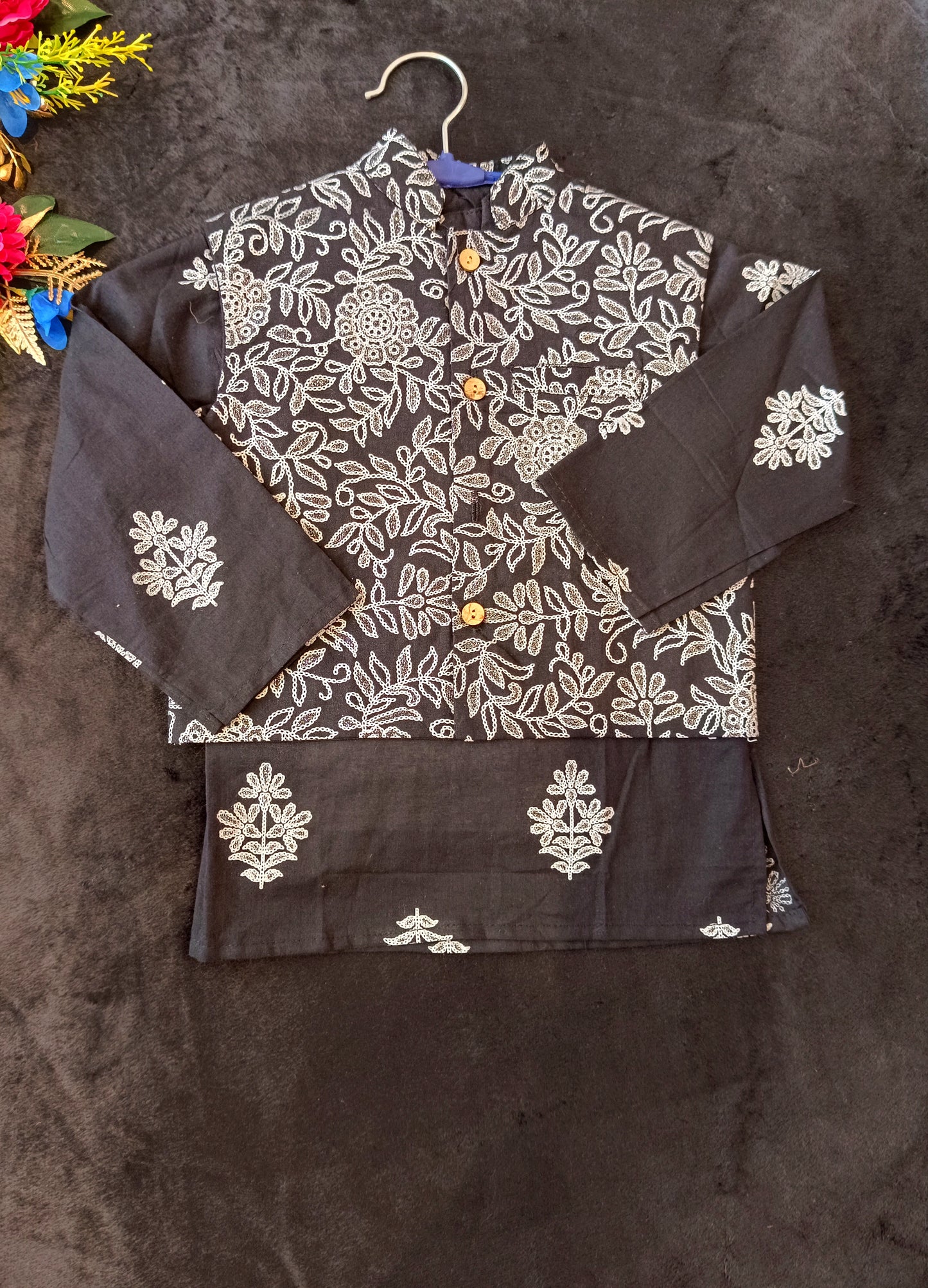 Black Khadi Print Jacket with Kurta -Pyjama