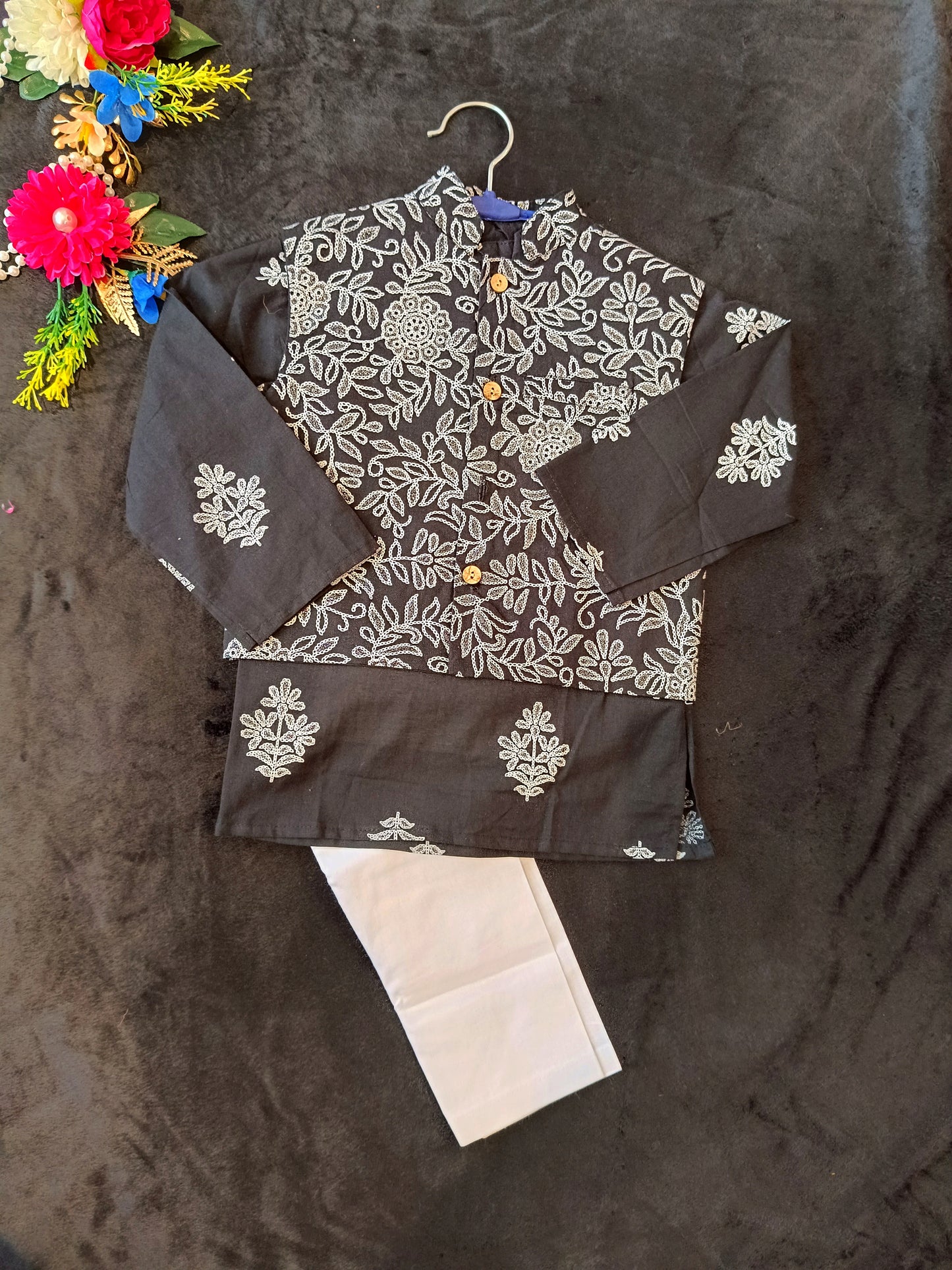 Black Khadi Print Jacket with Kurta -Pyjama