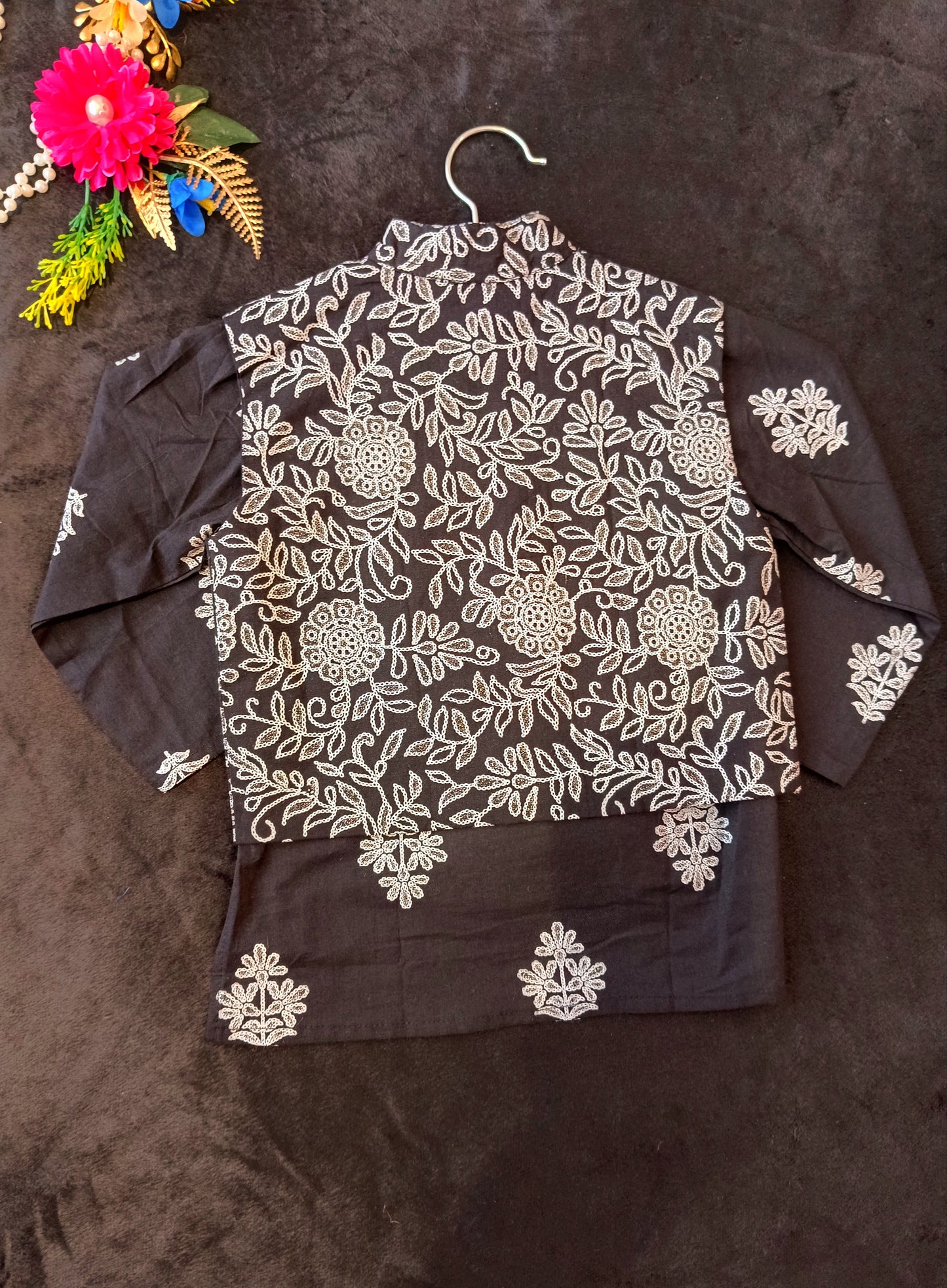 Black Khadi Print Jacket with Kurta -Pyjama