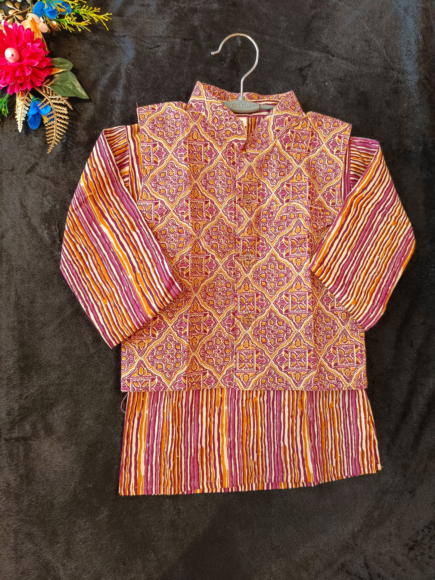 Onion Pink Ajrakh print Jacket with Kurta -Pyjama