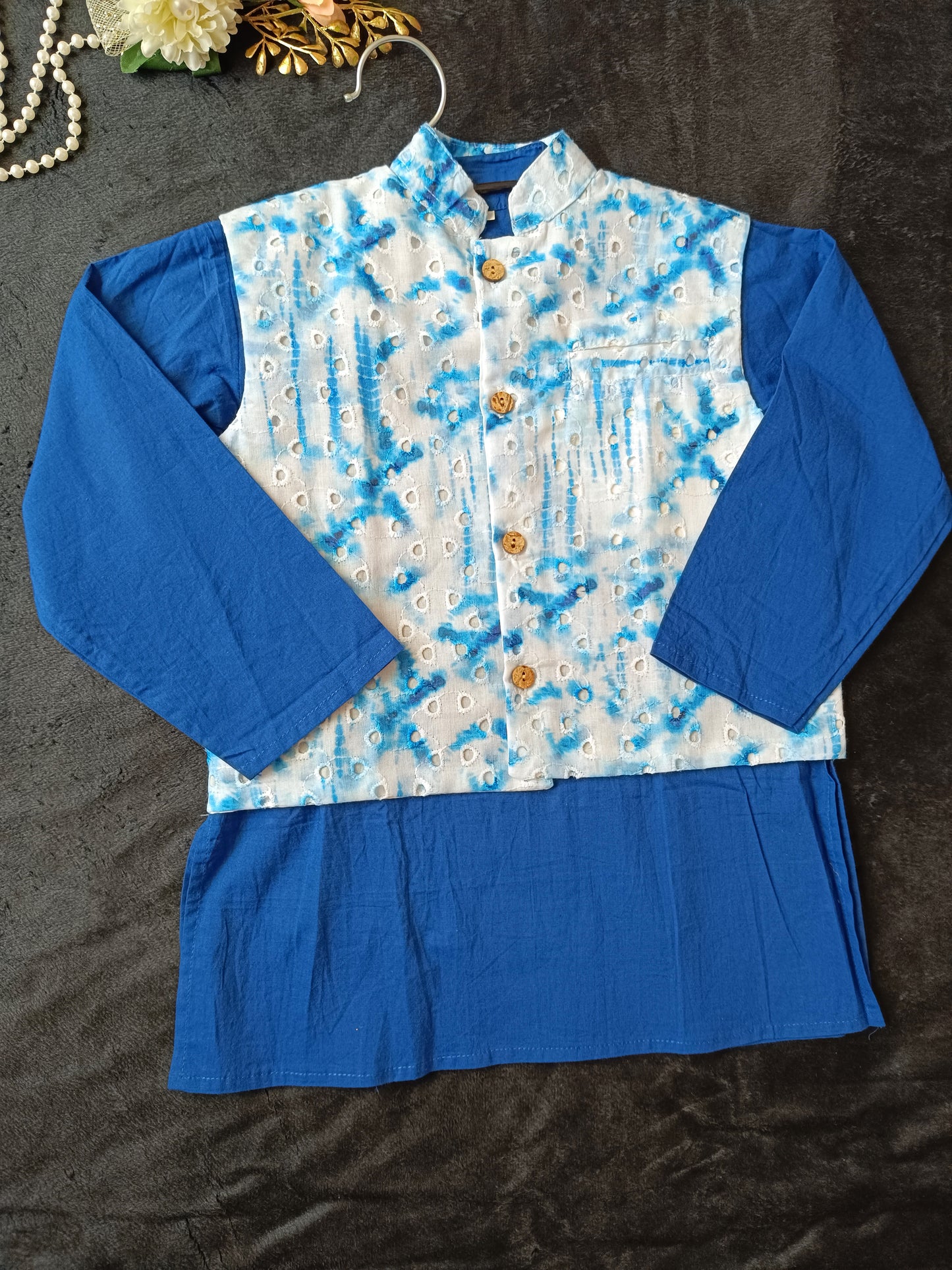 Schiffli Blue Jacket with Kurta -Pyjama