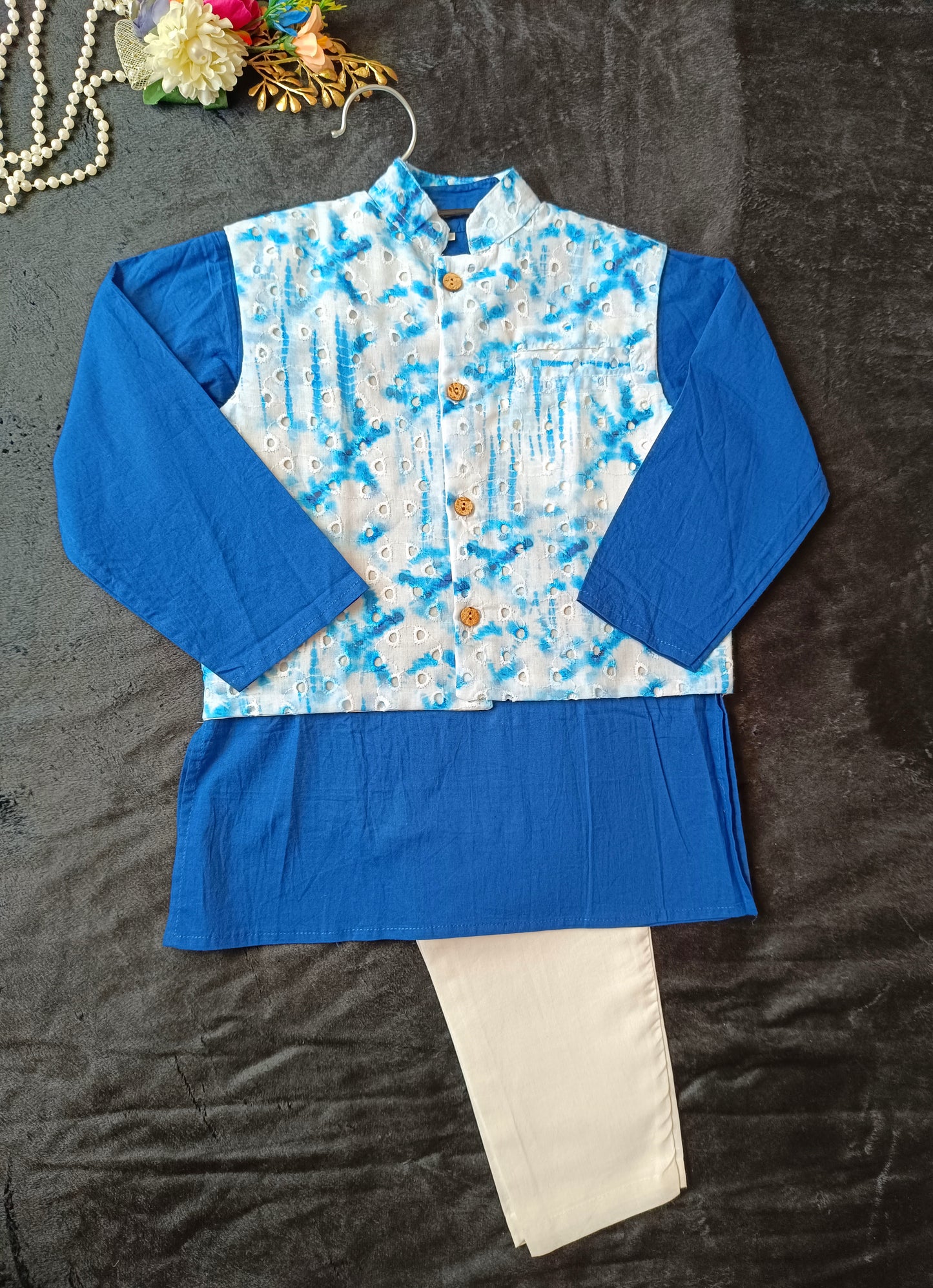 Schiffli Blue Jacket with Kurta -Pyjama