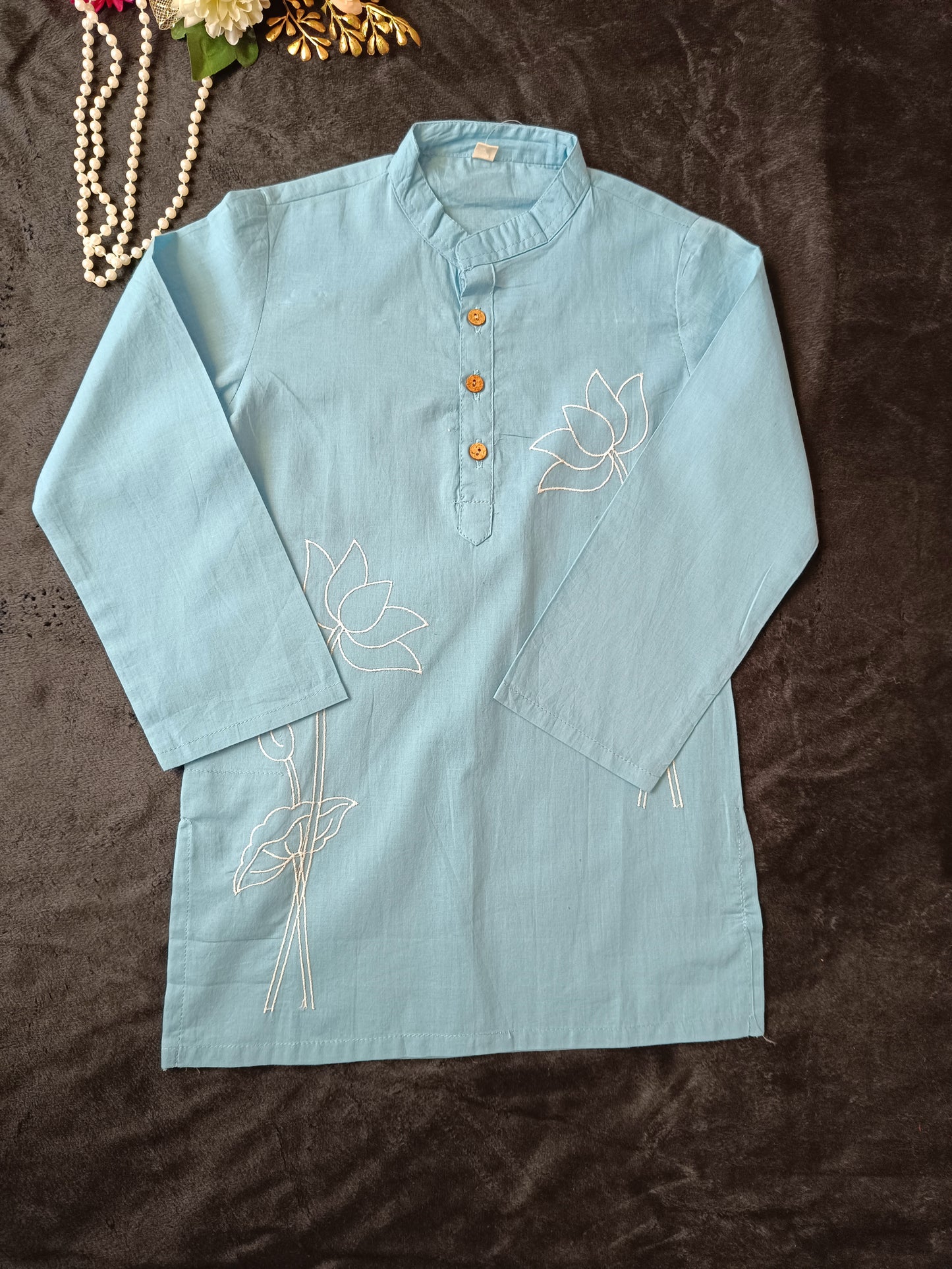 Sky Blue Lotus embroided Kurta -Pyjama