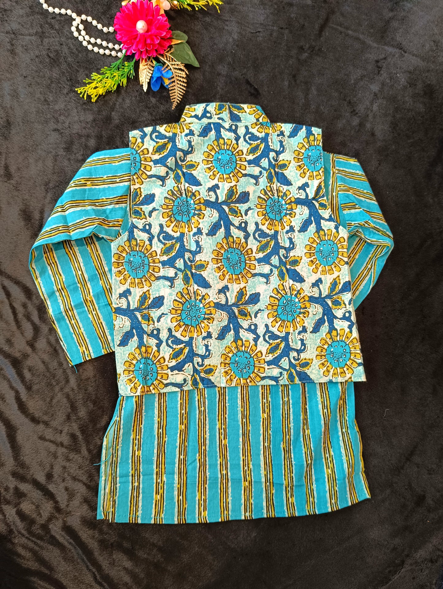Teal green Sun flower print Jacket with Kurta -Pyjama