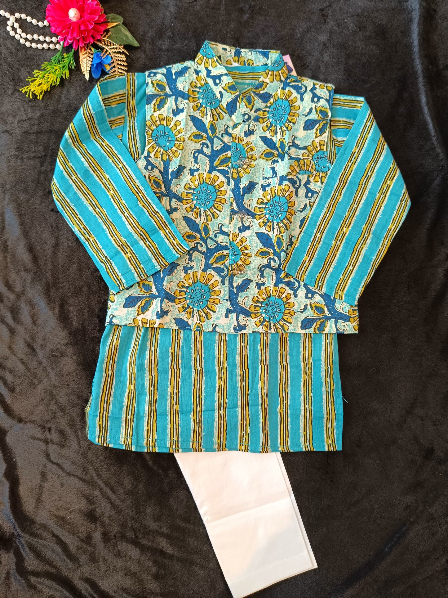 Teal green Sun flower print Jacket with Kurta -Pyjama