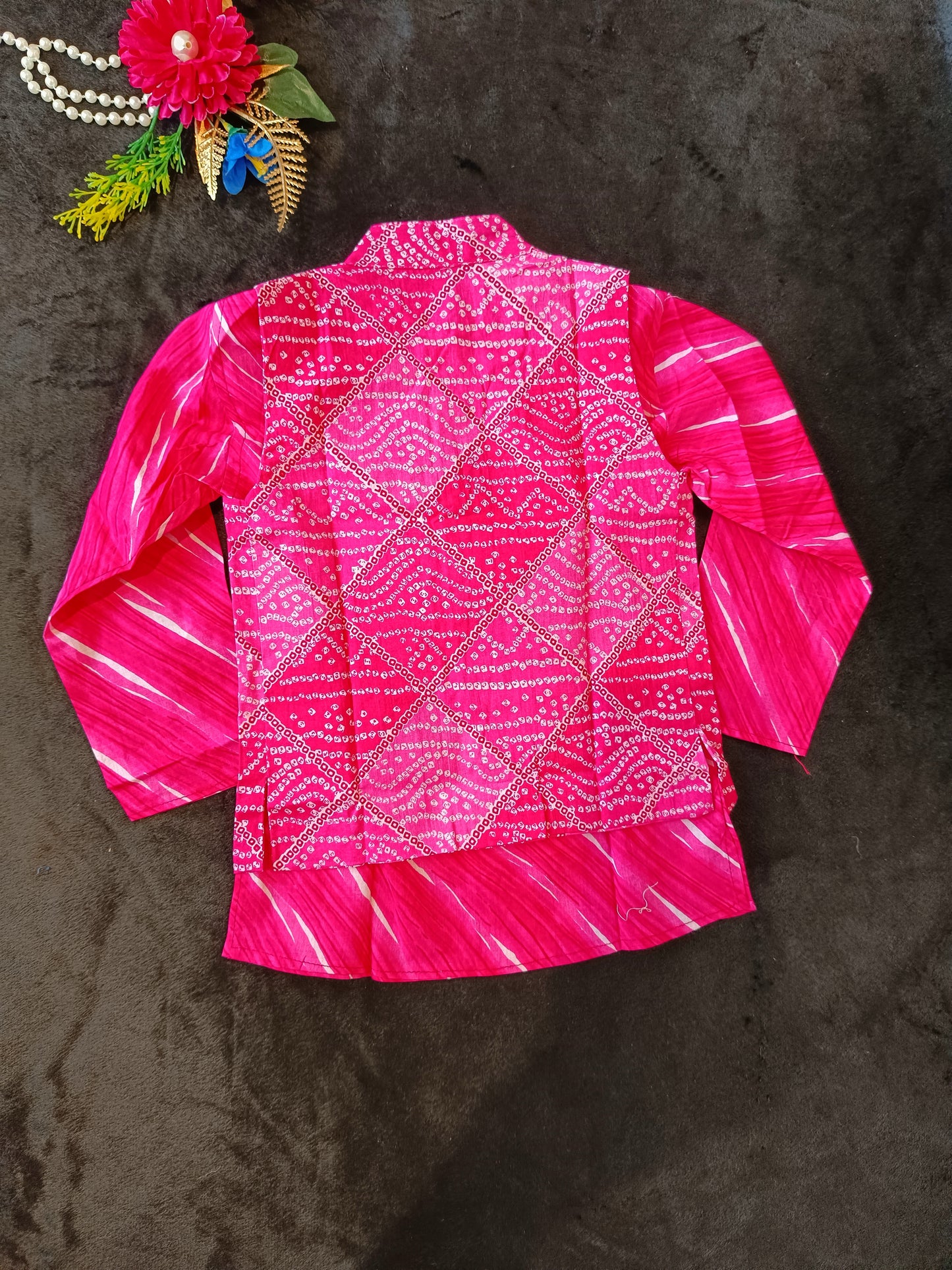 Fuchsia Pink Bandhej Kurta and Jacket with Pyjama (Tie and Dye)