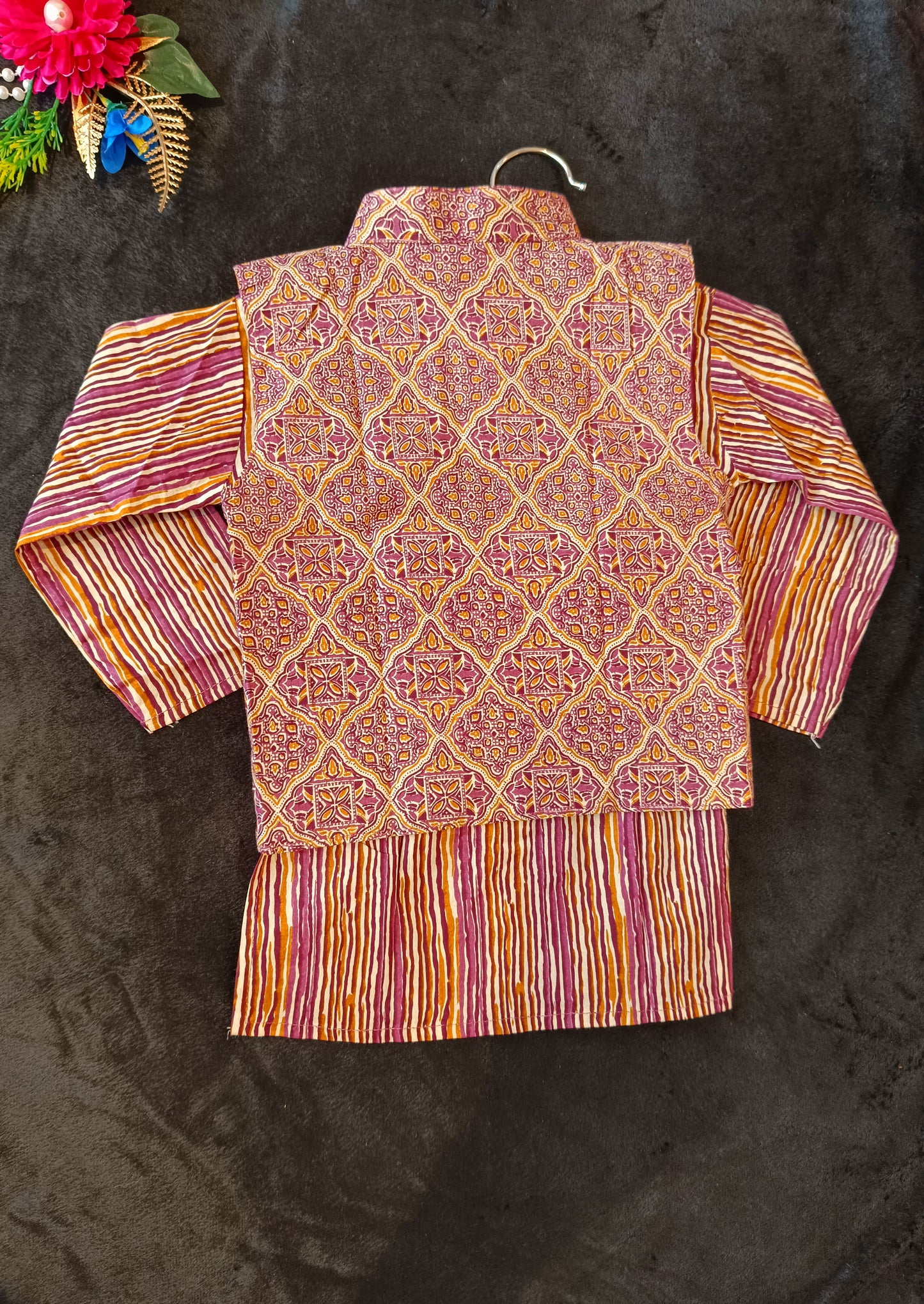 Onion Pink Ajrakh print Jacket with Kurta -Pyjama