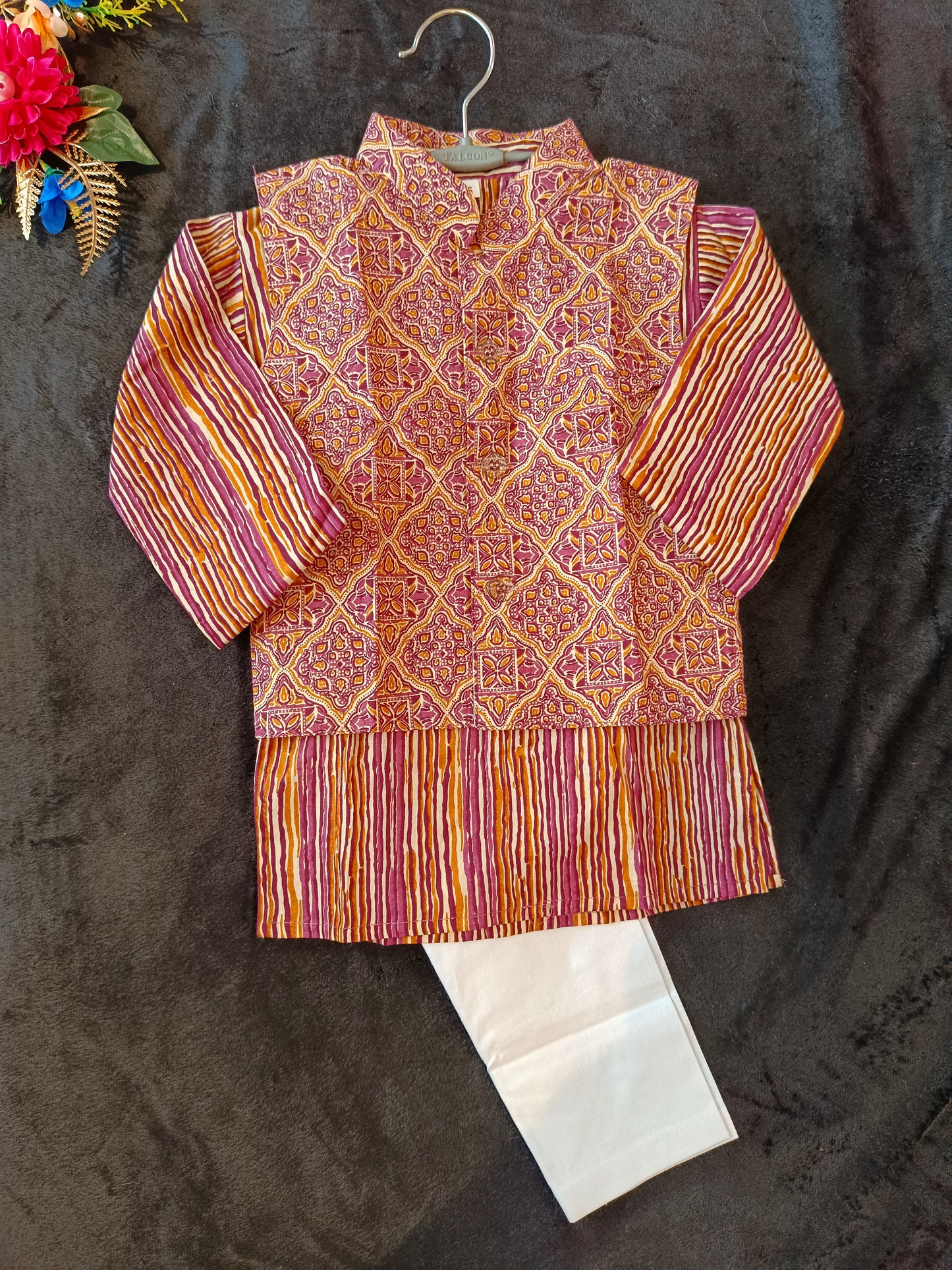 Onion Pink Ajrakh print Jacket with Kurta -Pyjama