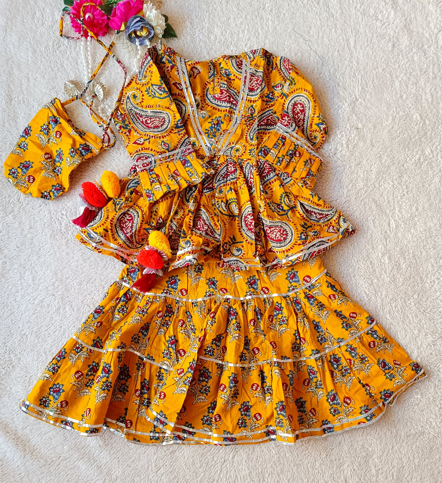 Block Print Mustard Coloured Lehnga Choli