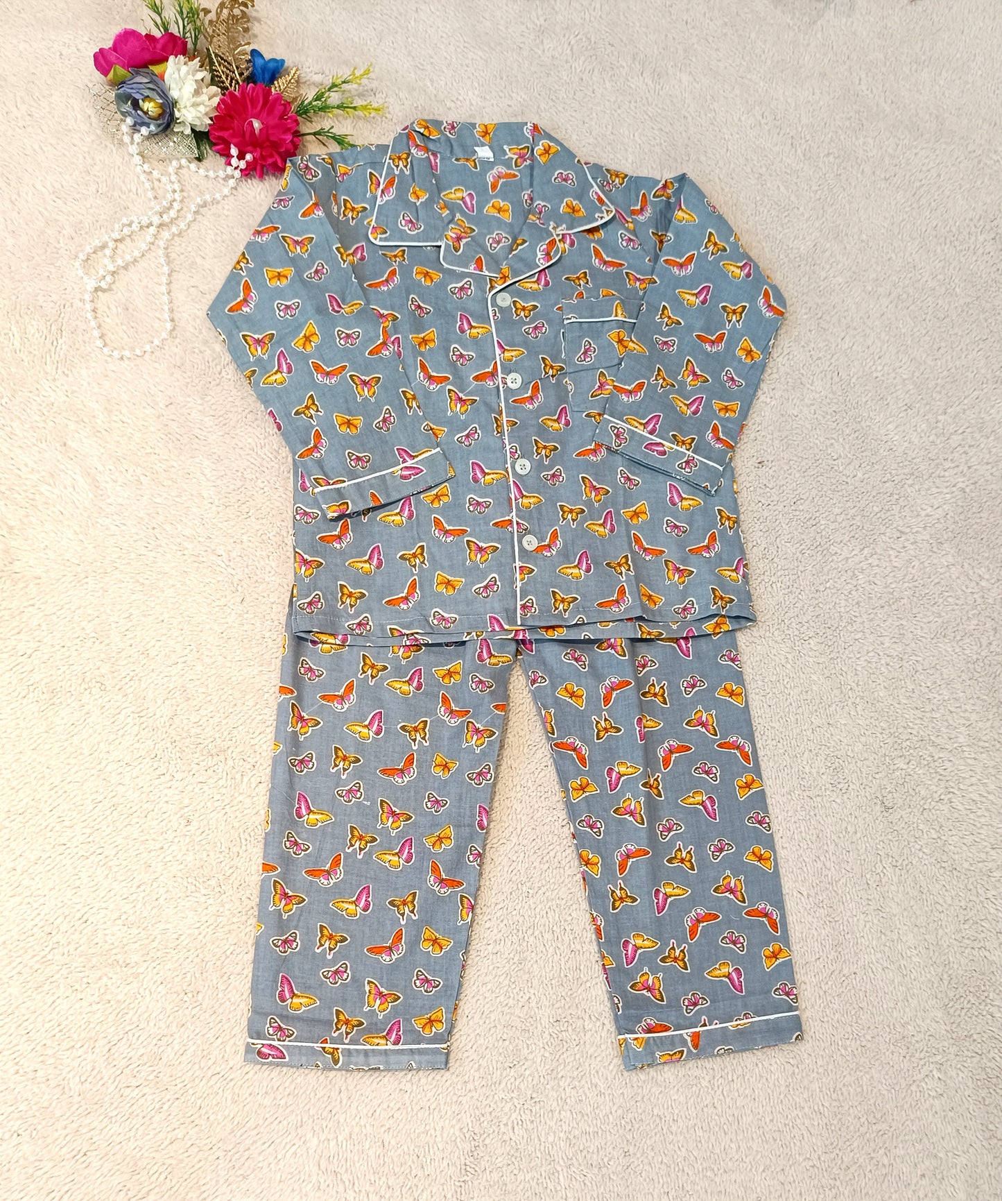 Butterfly Print Grey Colour Night Suit