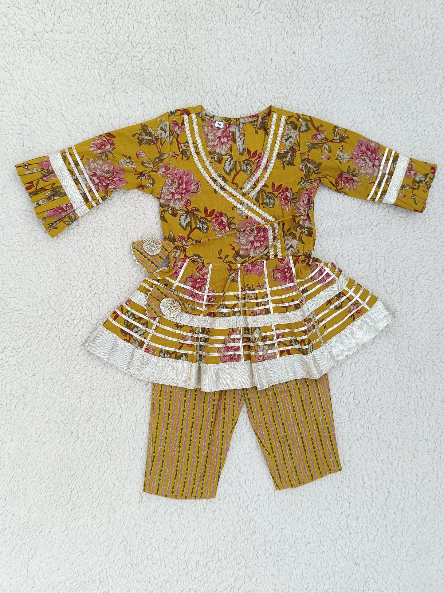 Mustard Floral Printed Girls Flare Suit Set