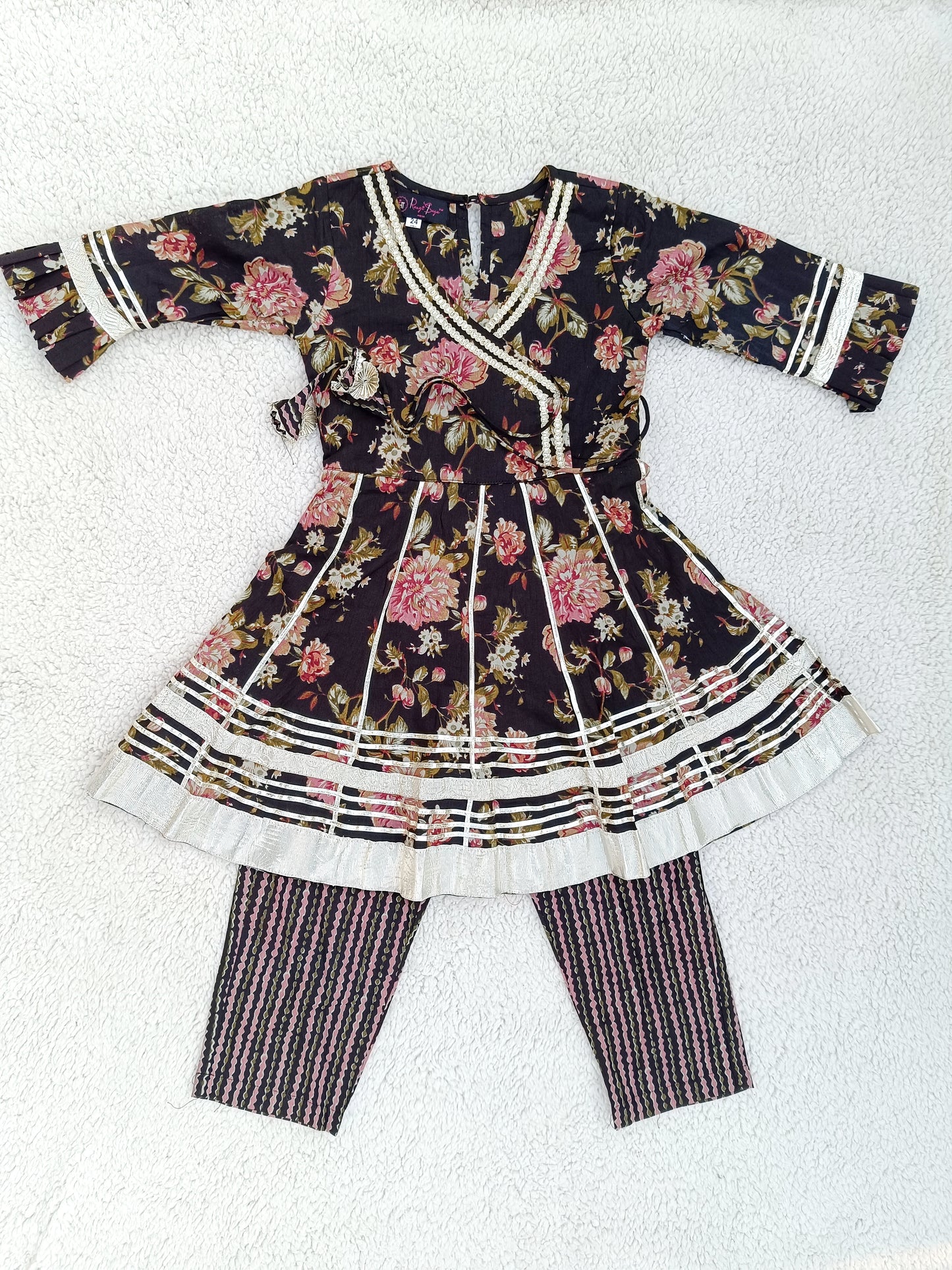 Black Floral Printed Girls Flare Suit Set