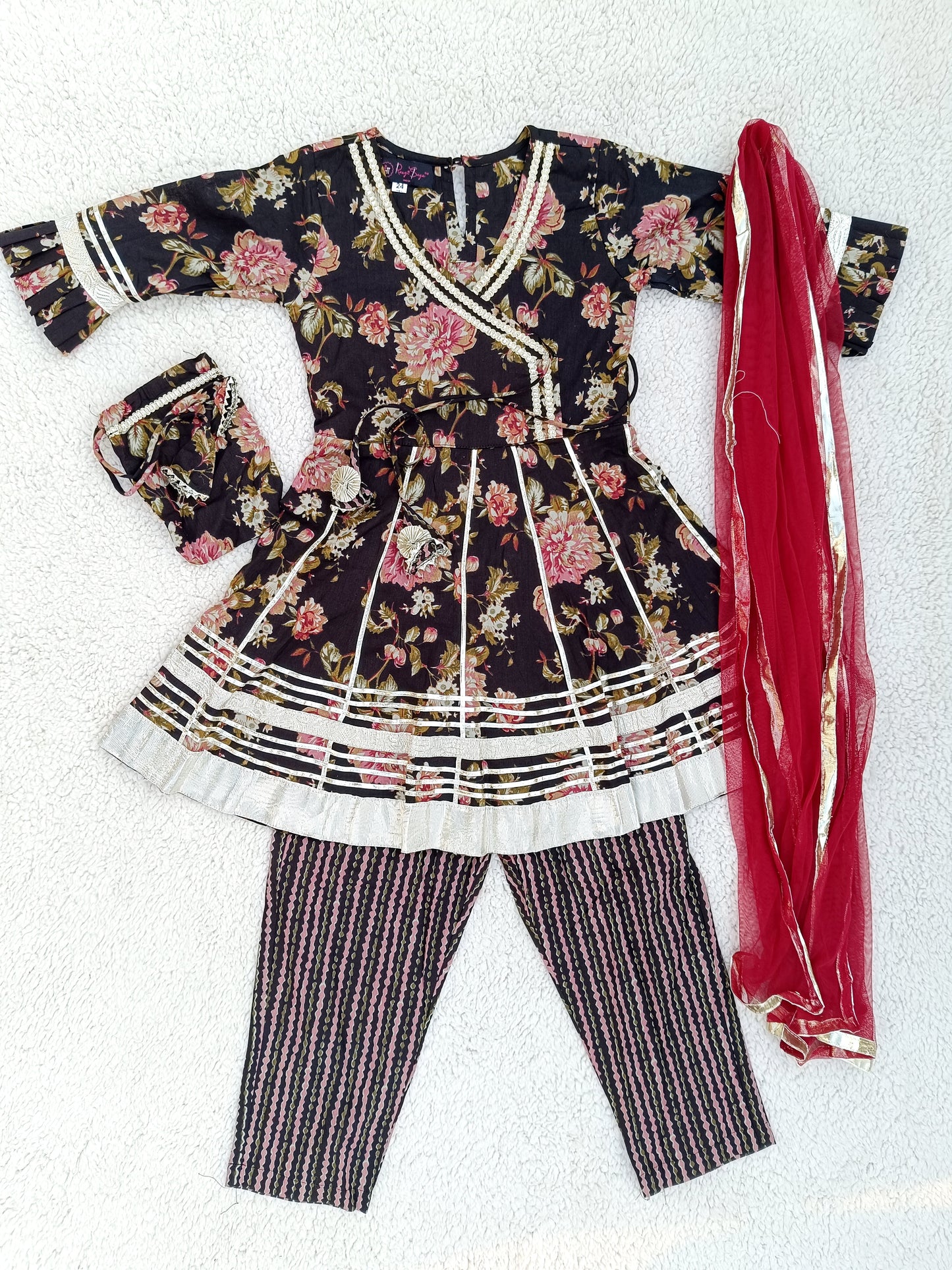 Black Floral Printed Girls Flare Suit Set