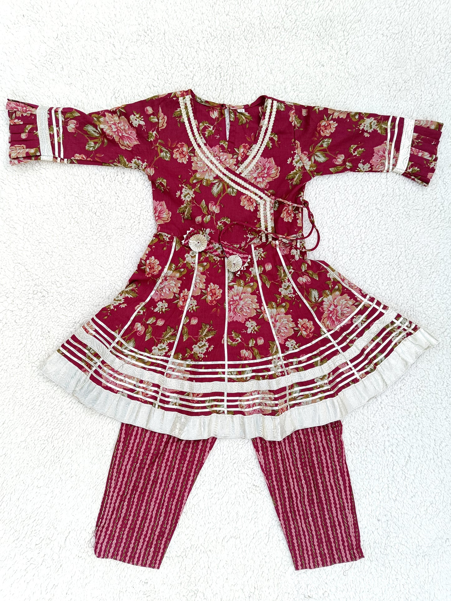 Maroon Floral Printed Girls Flare Suit Set