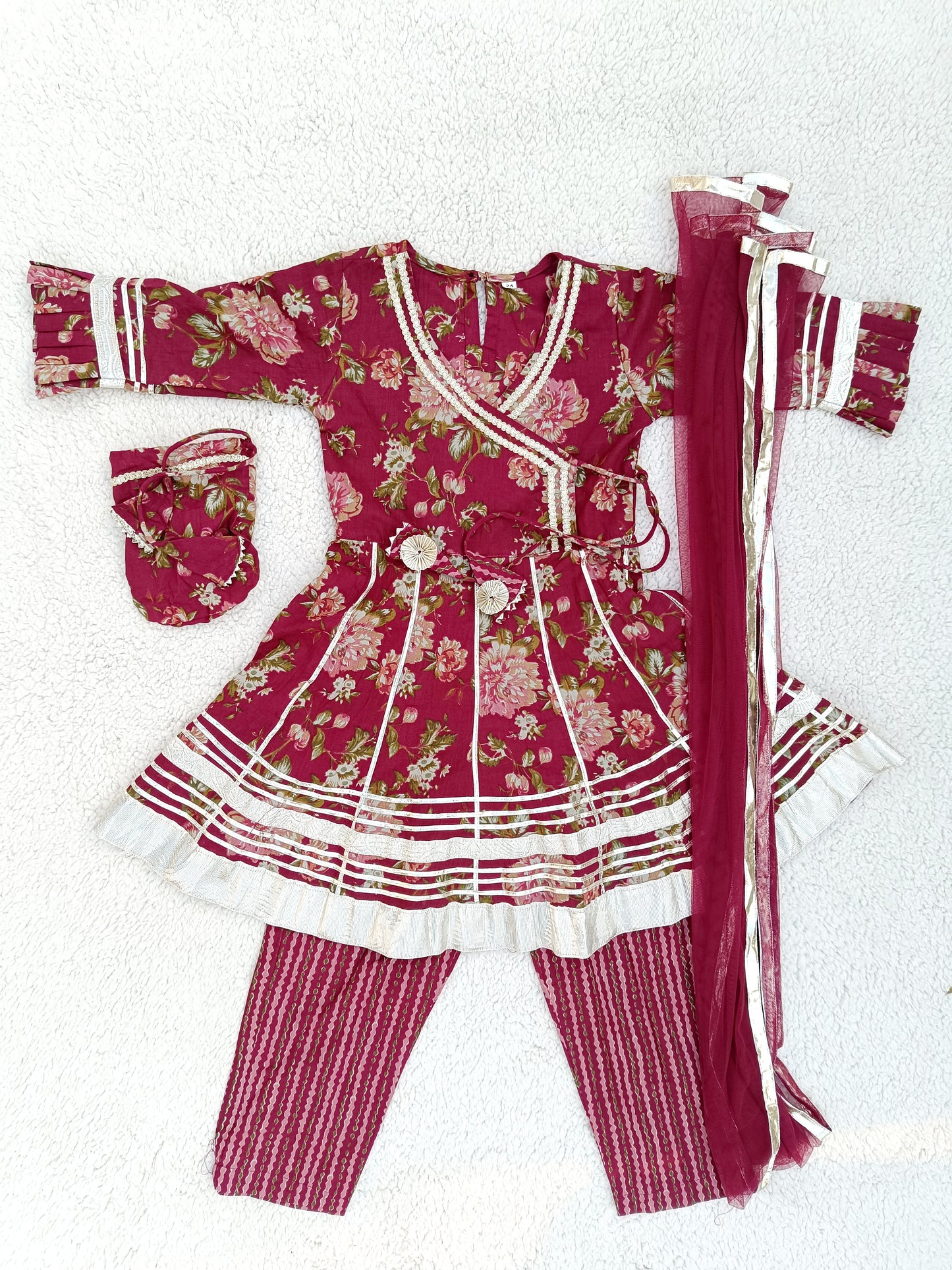 Maroon Floral Printed Girls Flare Suit Set