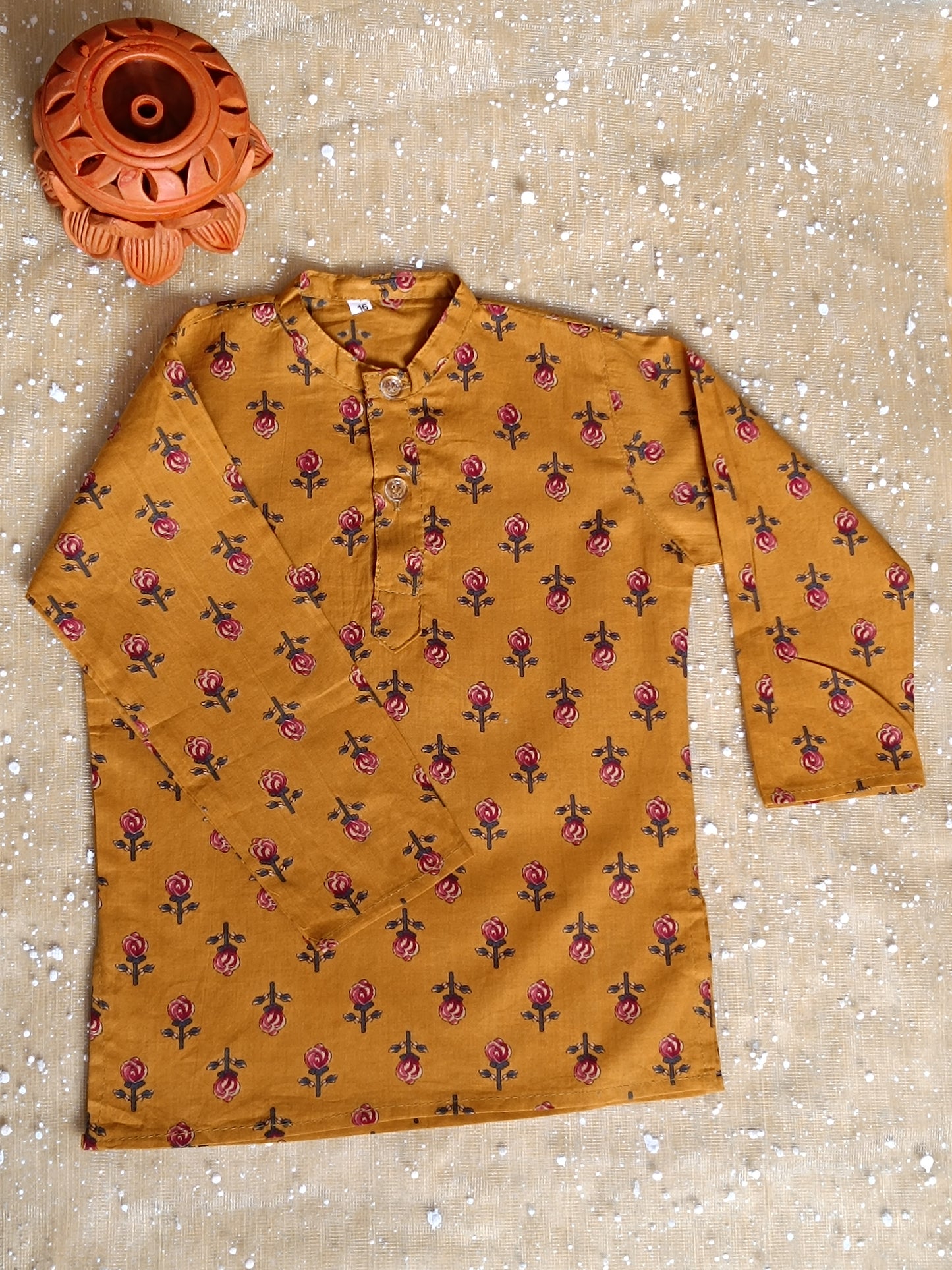 Mustard block printed Jacket with Kurta -Dhoti