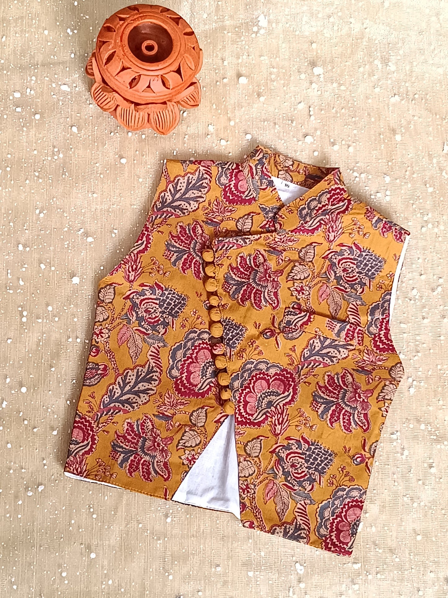 Mustard block printed Jacket with Kurta -Dhoti