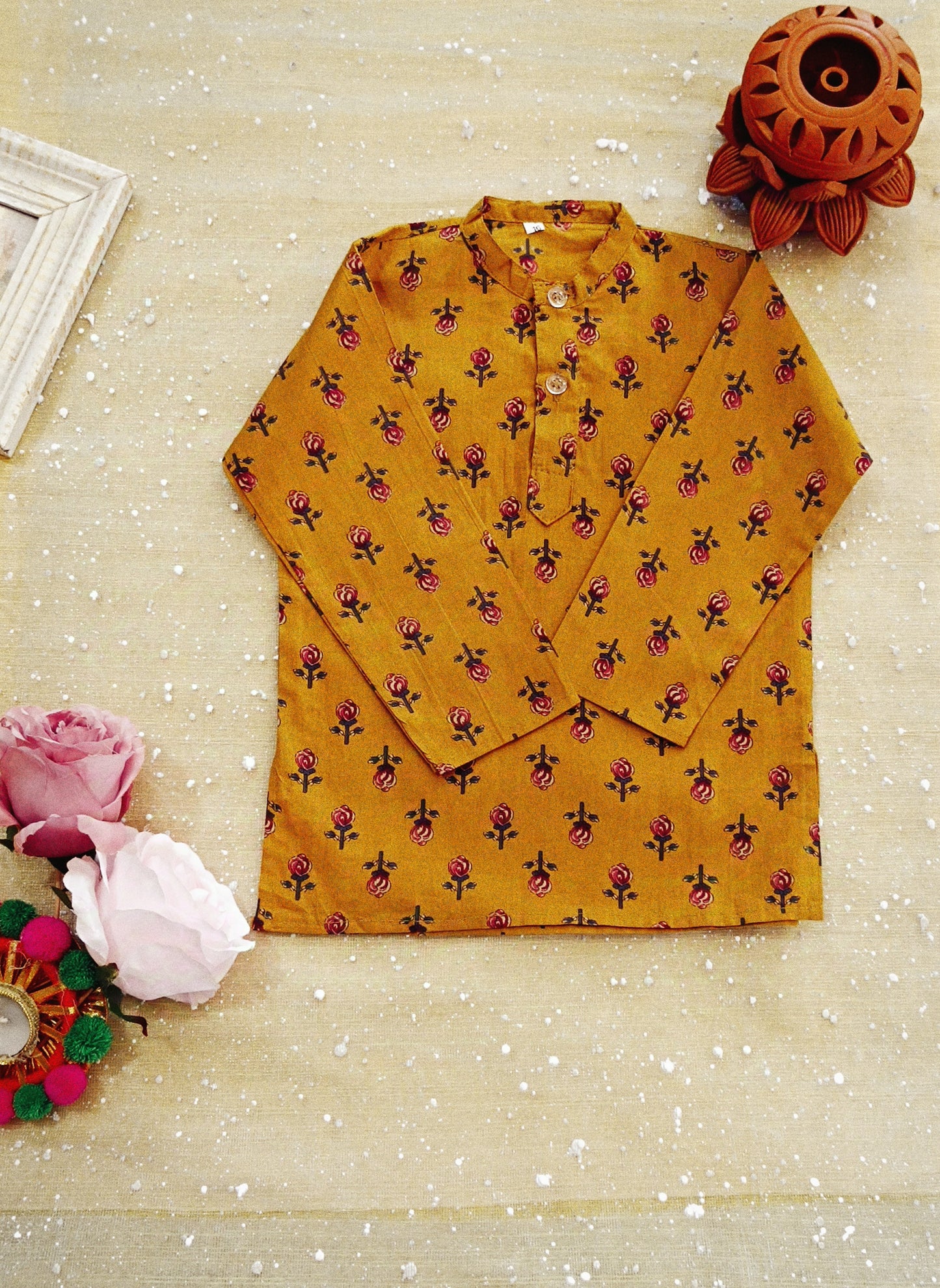 Mustard block printed Jacket with Kurta -Dhoti